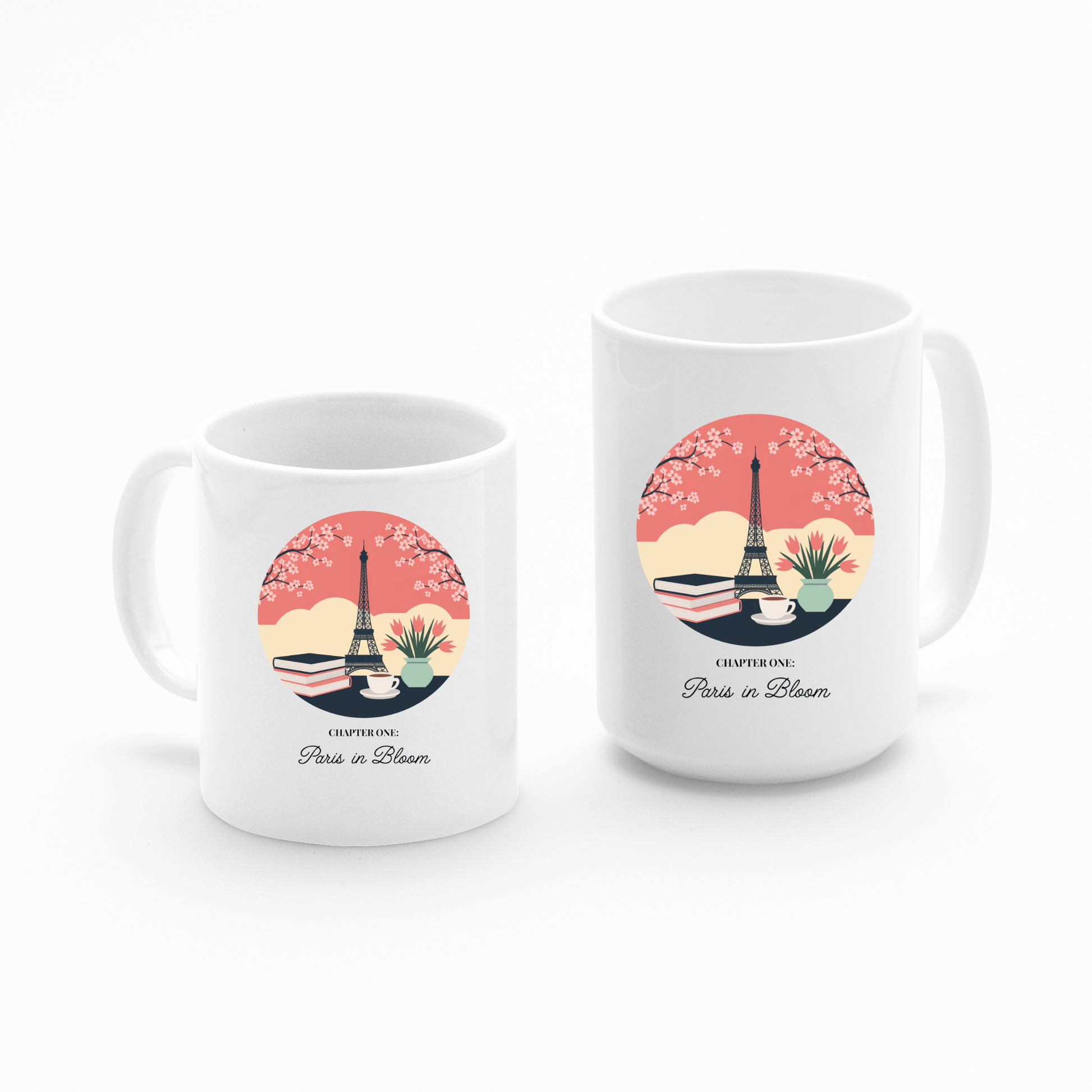 The Mirabilia Boutique Paris Book Lover Mug – Chapter One: Paris in Bloom features a charming Eiffel Tower, cherry blossoms, and a sunset—perfect as a book lover gift or cherry blossom mug. Comes in a set of two white mugs.