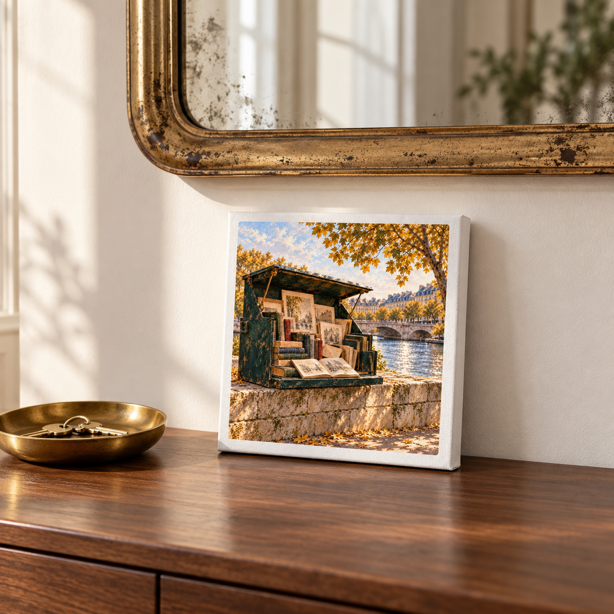 The Books Beside the River Canvas | Paris Toujours is a square canvas print of a Parisian riverside book stall leaning on a stone wall, displayed on a wooden console table beneath a mirror.