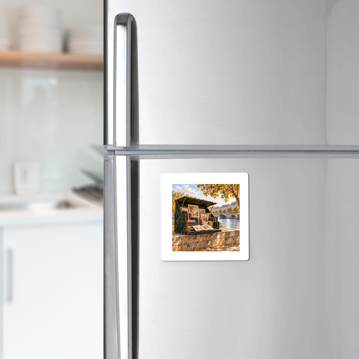 A square Books Beside the River Magnet on a stainless steel refrigerator featuring an image of an open book stall on a stone riverbank along the Seine.