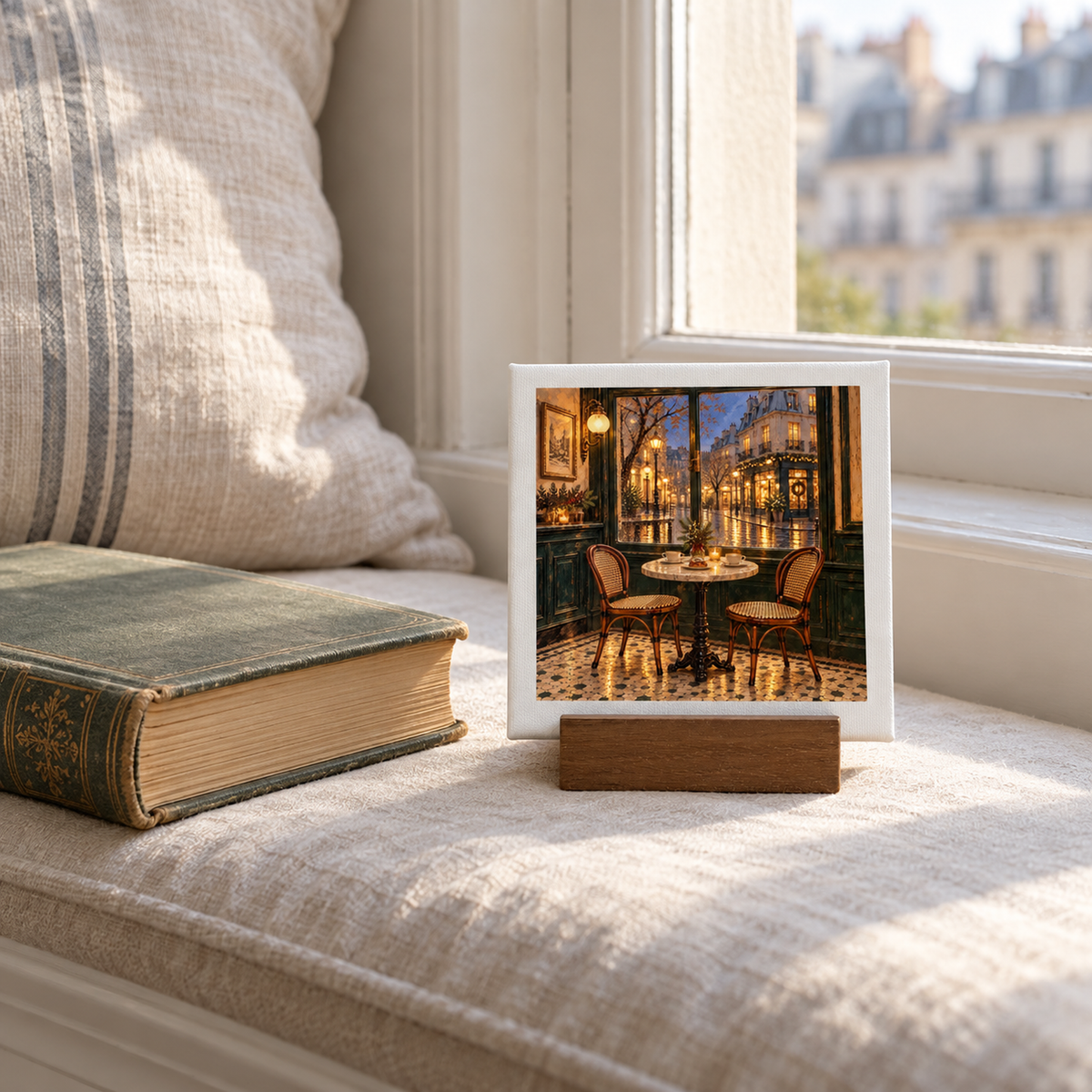 A Table for Christmas Eve Mini Sign | Paris Toujours displayed as a square canvas panel on a wooden stand depicting a night-time bistro interior, set on a window seat next to a book.