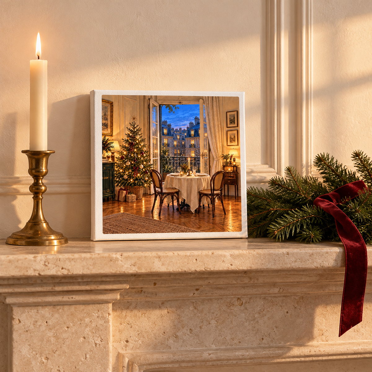 A square Christmas in the Apartment Upstairs Canvas | Paris Toujours by Mirabilia Boutique, featuring a cozy holiday scene resting on a stone fireplace mantel next to a lit candle and evergreen boughs.
