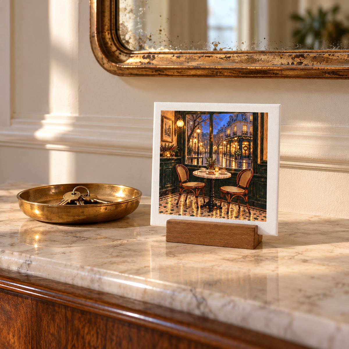 A Table for Christmas Eve Mini Sign | Paris Toujours displayed as a small square sign in a wooden stand featuring a Parisian café scene at night, set on a marble countertop next to a bowl of keys.