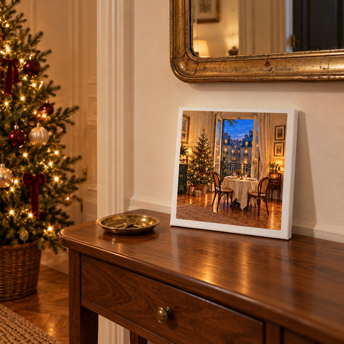 A gallery-wrapped Christmas in the Apartment Upstairs Canvas | Paris Toujours by Mirabilia Boutique, depicting a cozy Paris apartment interior at Christmas, displayed on a wooden side table next to a Christmas tree.
