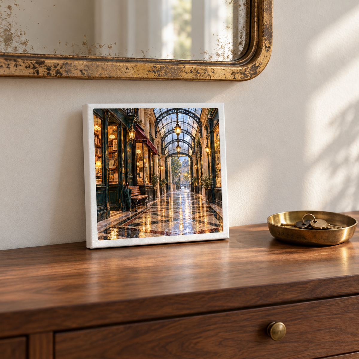 Passage in the Rain Canvas | Paris Toujours gallery-wrapped print of a rainy Parisian arcade leaning against a wall on a wooden console table.