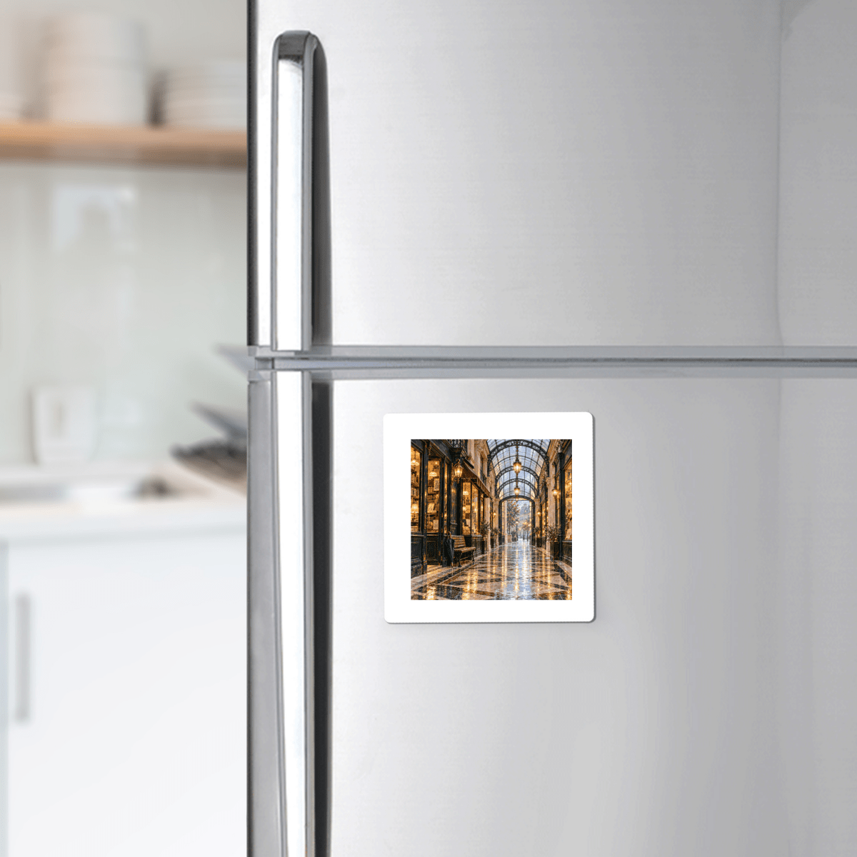 A square Passage in the Rain Magnet featuring an image of a covered Parisian arcade reflecting light on a rainy day, attached to a stainless steel refrigerator door.