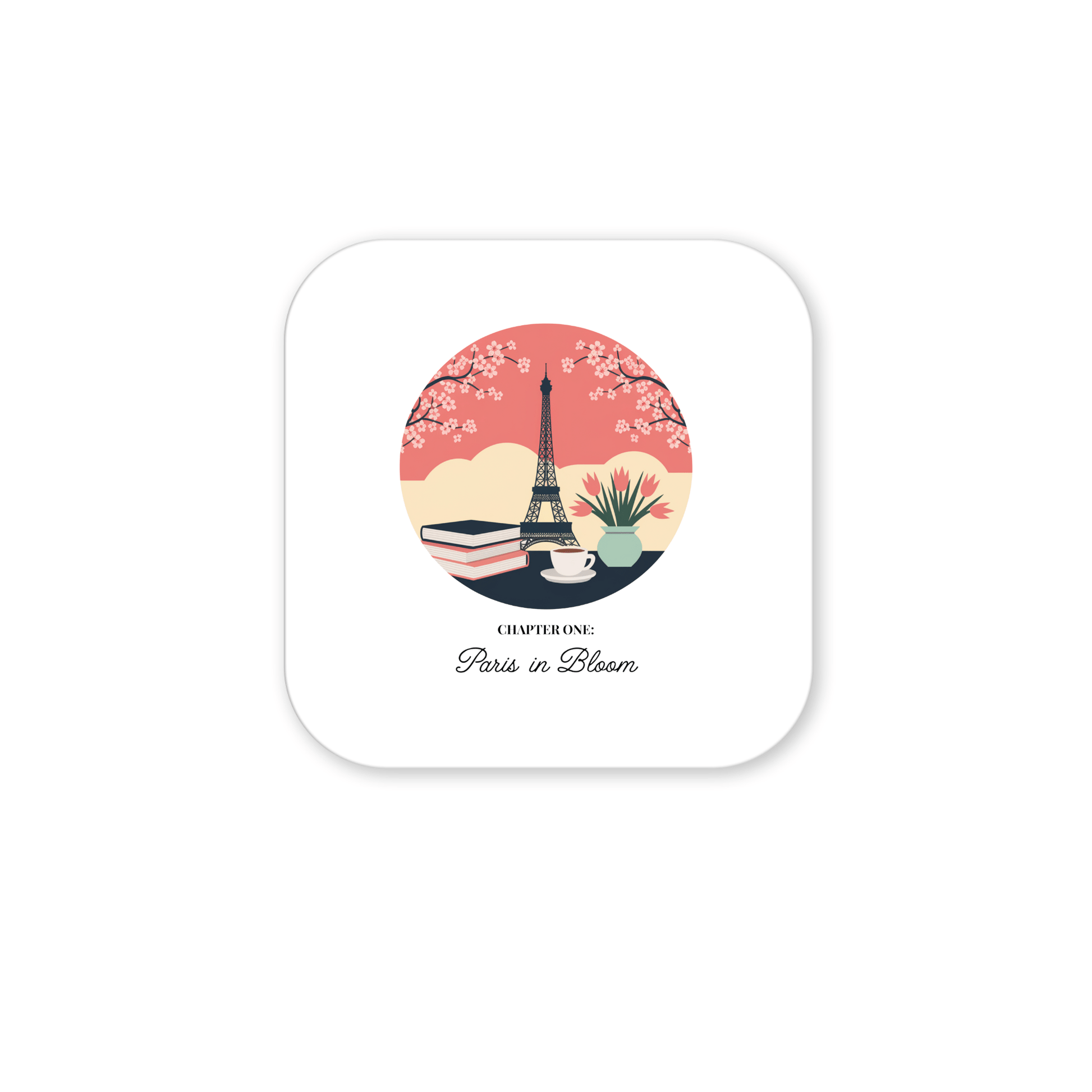 The Paris in Bloom Magnet by Mirabilia Boutique features the Eiffel Tower, cherry blossoms, books, coffee cup, and plant with "CHAPTER ONE: Paris in Bloom" on a soft pink and beige circle—ideal for book lovers or as cherry blossom decor.