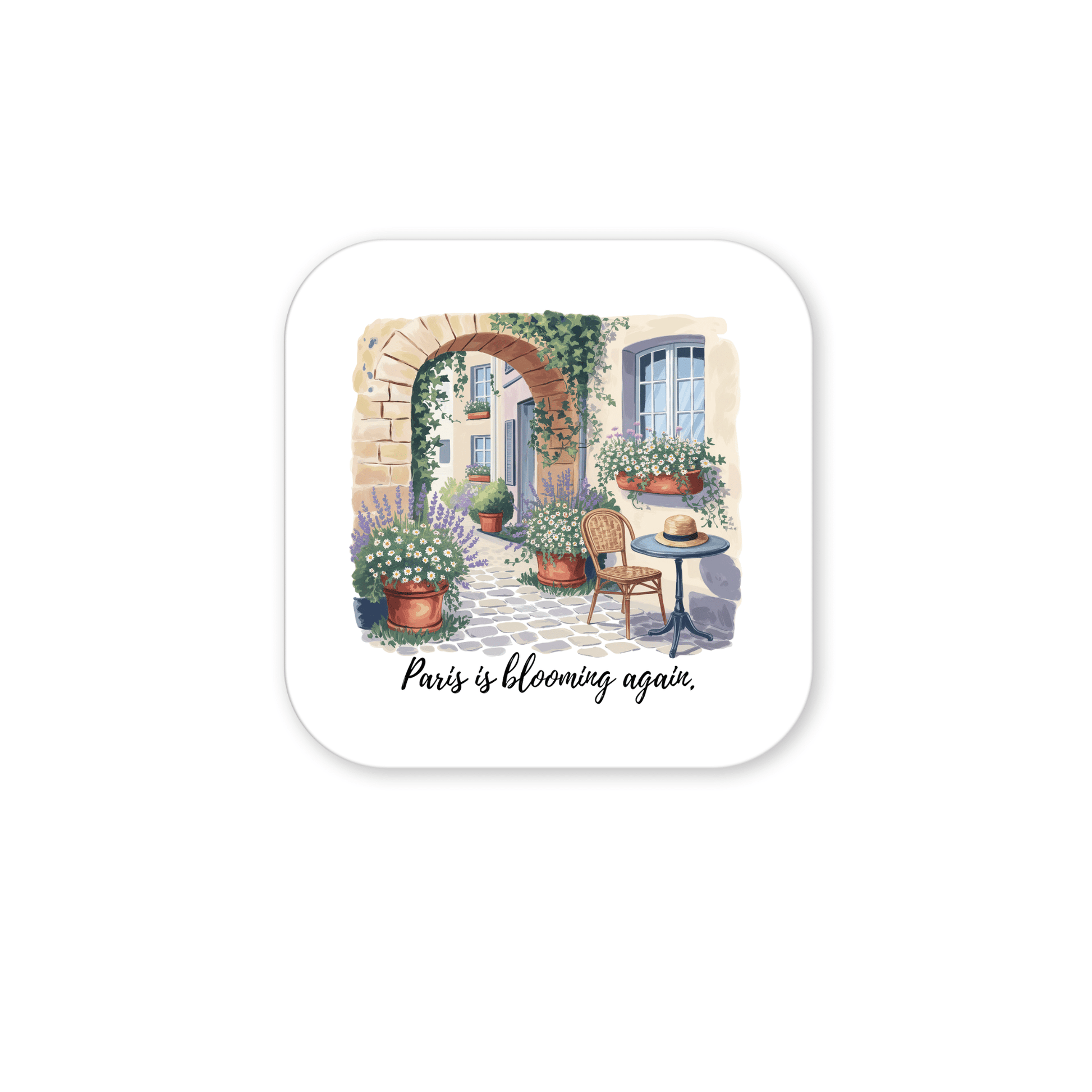Bring spring to your kitchen with the Paris Is Blooming Again – Spring Courtyard Magnet by Mirabilia Boutique. Featuring potted flowers, a table, chair, and hat beneath blue shutters, this handcrafted magnet reads: “Paris is blooming again.”.