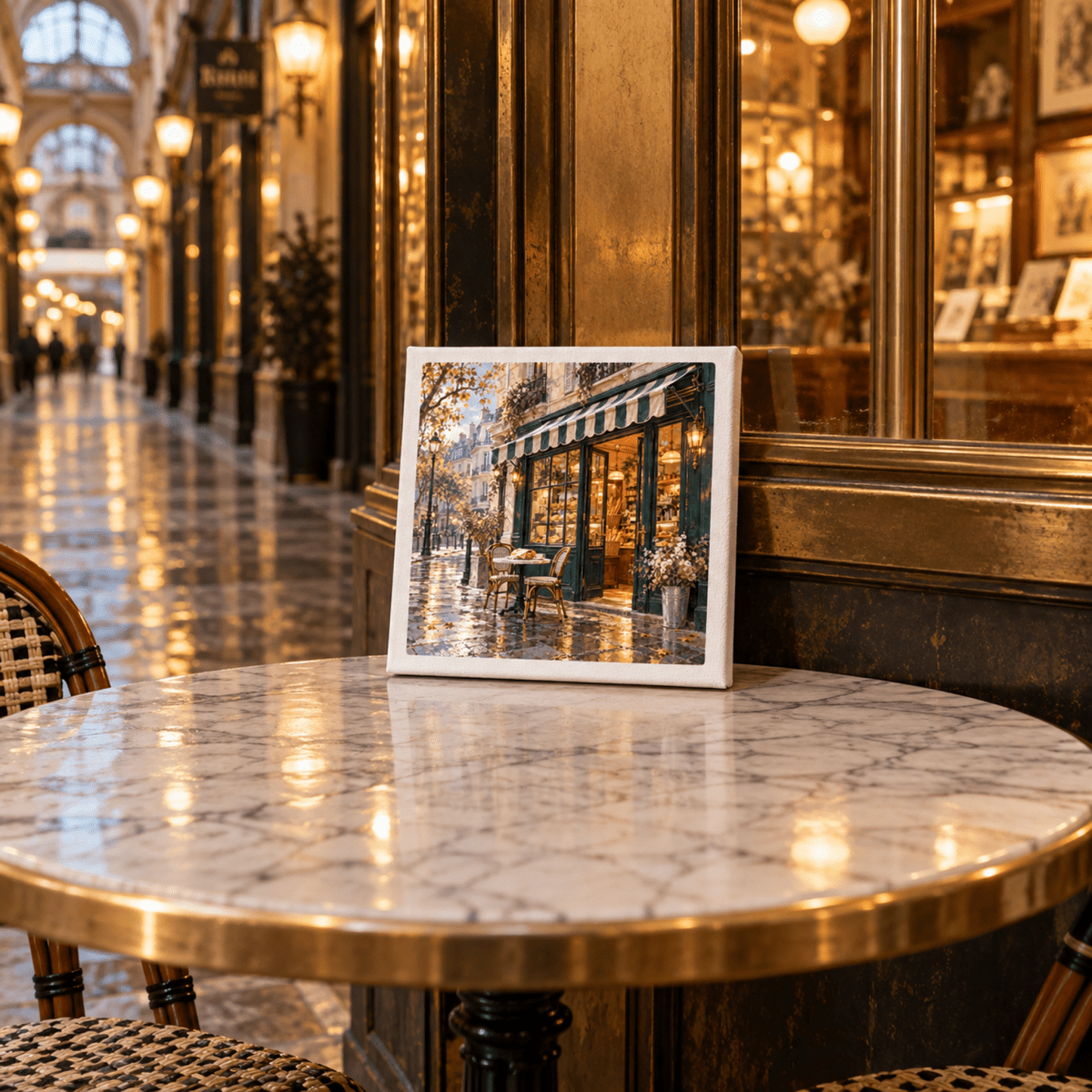 The City Before Nine Canvas | Paris Toujours gallery-wrapped art print of a Parisian cafe storefront resting on a round marble table in a glass-covered arcade.