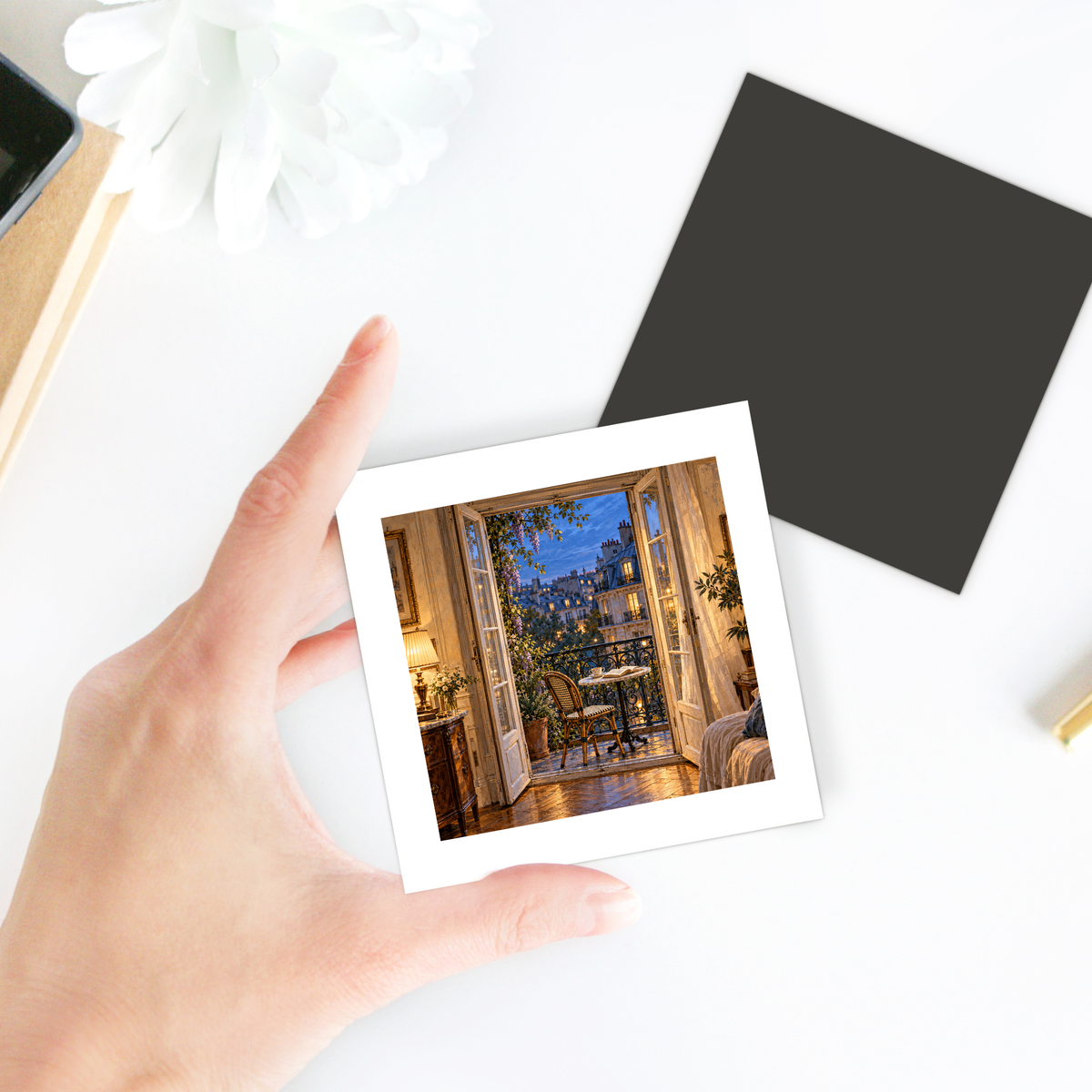 A hand holds a Blue Hour on the Balcony Magnet, a decorative hardboard piece featuring an evening city illustration of a balcony overlooking a Parisian street at twilight.