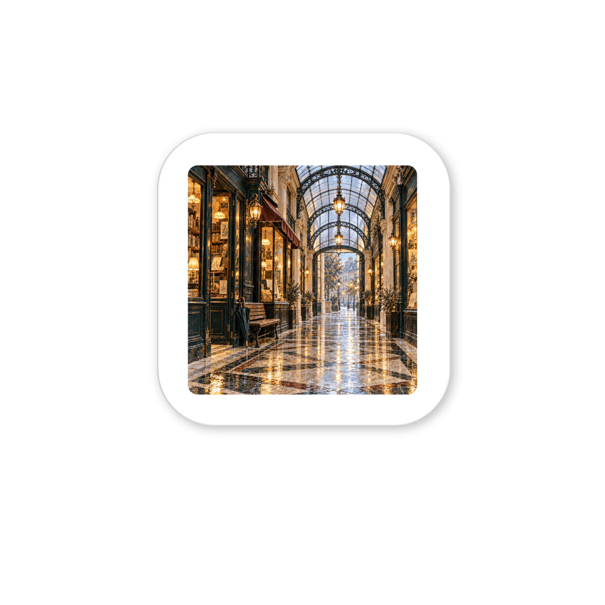 Passage in the Rain Magnet featuring a square decorative hardboard design with a photograph of a rain-slicked Parisian shopping arcade, illuminated storefronts, and a glass roof.