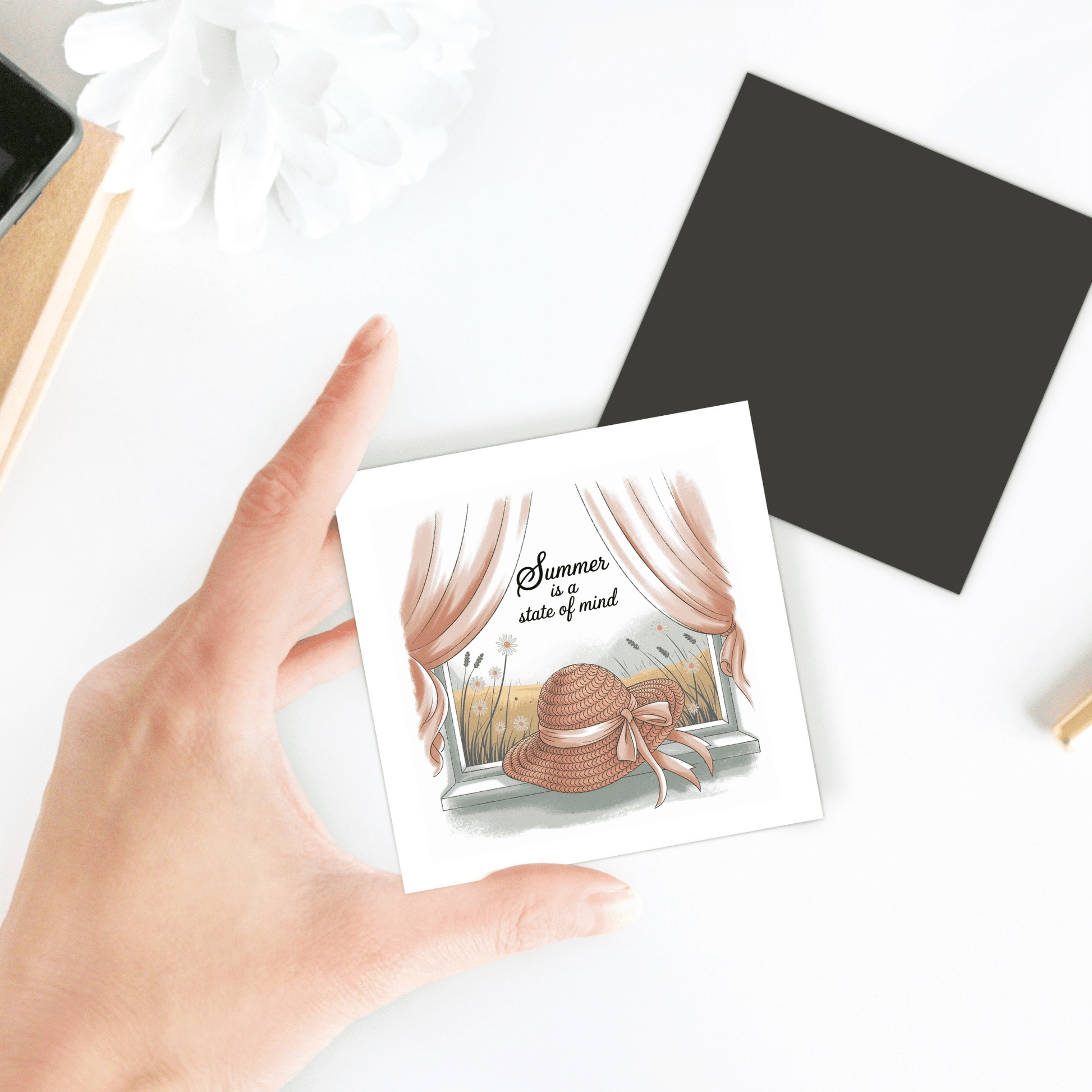 A hand holding the "Summer Is a State of Mind" magnet by Mirabilia Boutique—soft cottagecore fridge art, perfect as a summer or cottagecore gift-ready home decor accent for any space.