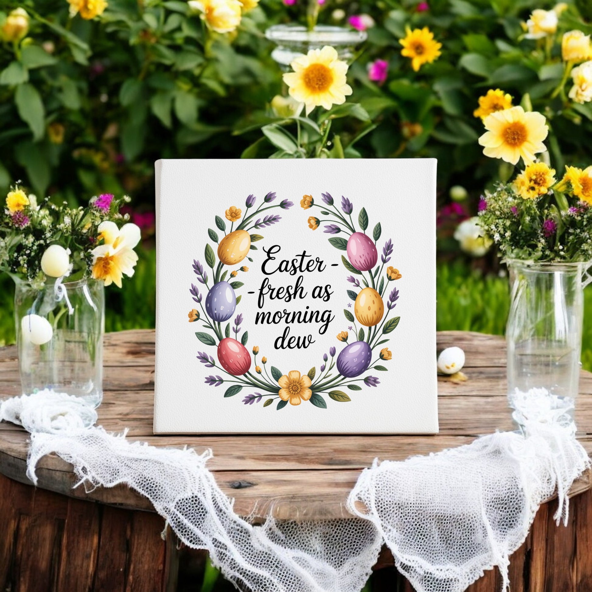 Mirabilia Boutique's "Easter Morning Dew Floral Egg Canvas Art" features a festive wreath and the phrase "Easter fresh as morning dew," making it the perfect spring home decor, especially displayed outdoors with yellow flowers and decorated eggs.