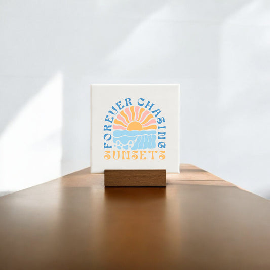 The Forever Chasing Sunsets Mini – Boho Pastel Canvas by Mirabilia Boutique features a sunset illustration with waves and playful blue and orange text, creating charming vintage-inspired wall art for your home.