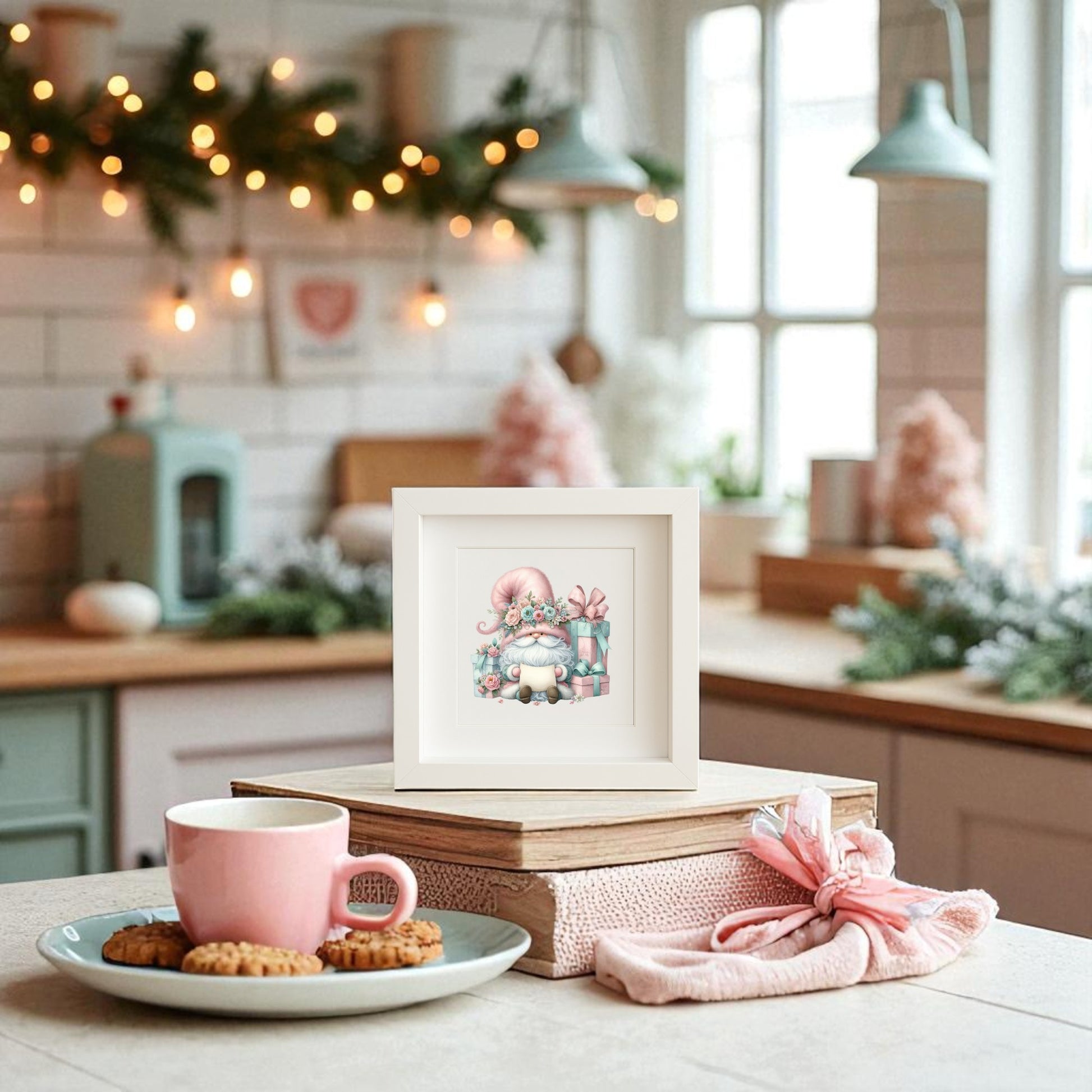 Create a cozy holiday vibe in your kitchen with Mirabilia Boutique’s "Pastel Gnome with Gifts" wall art—framed and festive, it pairs perfectly with cookies, a pink cup, and glowing garlands for magical winter décor inspiration.