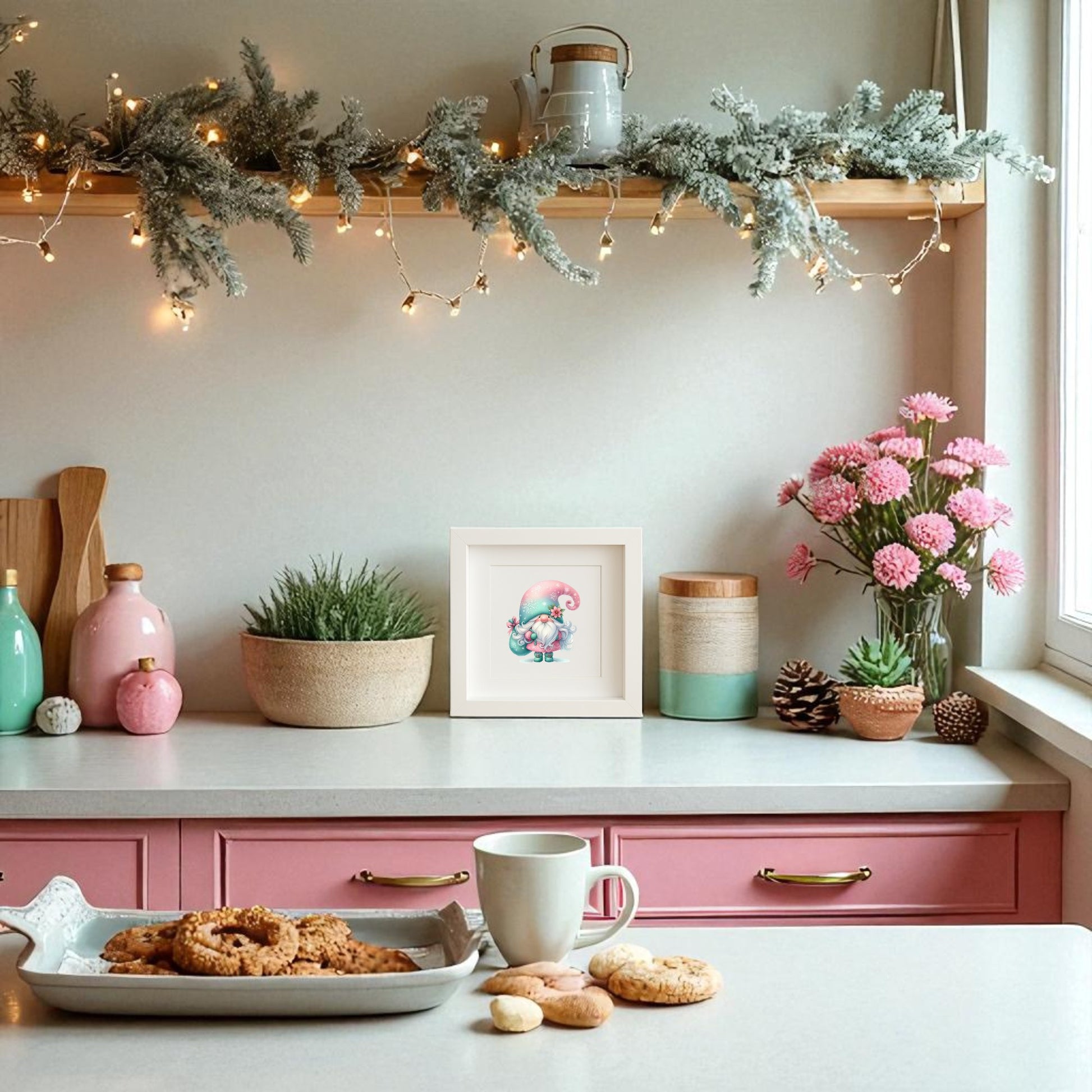 A cozy kitchen with pink drawers, white countertop, cookies, and pastel decor shines with Scandinavian warmth. Pink flowers, pinecones, and Mirabilia Boutique’s “Pastel Gnome Wall Art | Teal Hat Winter Print” add winter charm under twinkling fairy lights.