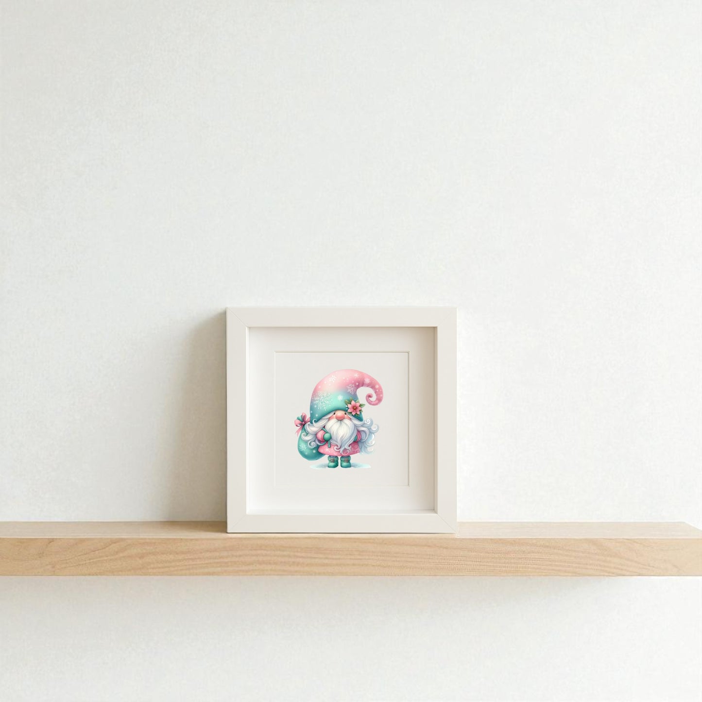 The Pastel Gnome Wall Art by Mirabilia Boutique, featuring a teal hat, adds Scandinavian coziness to your space—perfect winter decor for a warm and inviting home.