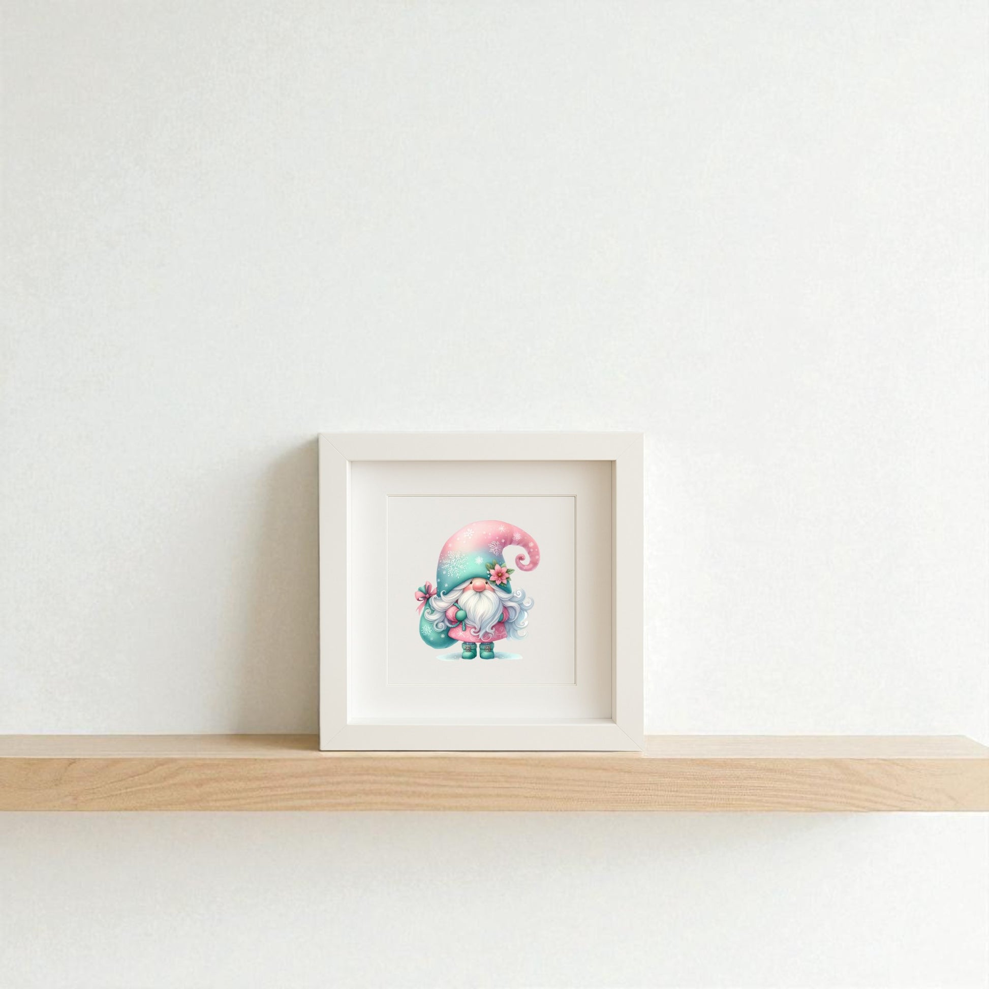 The Pastel Gnome Wall Art by Mirabilia Boutique, featuring a teal hat, adds Scandinavian coziness to your space—perfect winter decor for a warm and inviting home.