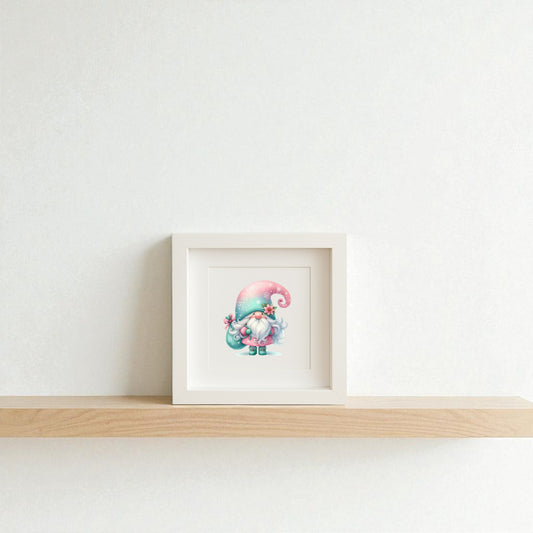 The Pastel Gnome Wall Art by Mirabilia Boutique, featuring a teal hat, adds Scandinavian coziness to your space—perfect winter decor for a warm and inviting home.
