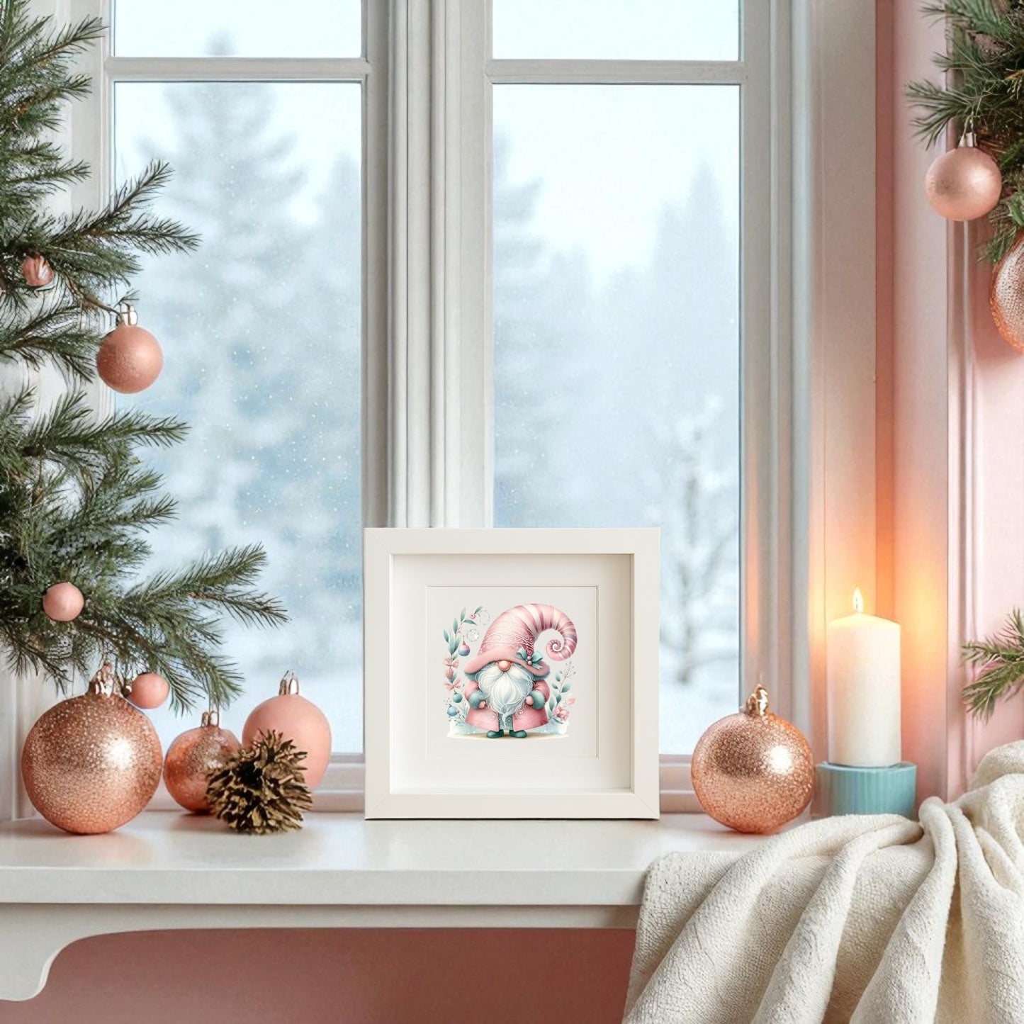 A snowy window scene featuring Mirabilia Boutique’s Pastel Gnome Wall Art, evergreen branches, pink ornaments, a white candle, and pinecone—creating a cozy Scandinavian-inspired holiday vibe for your home or nursery.