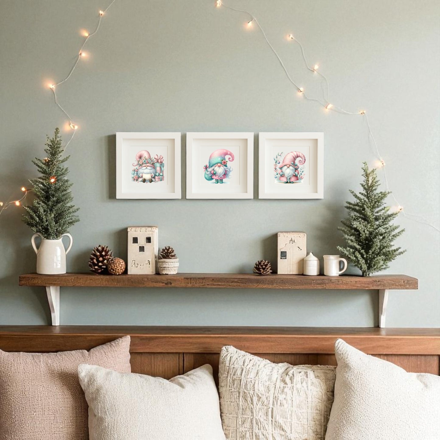 Above the couch, mini pine trees, pine cones, and fairy lights create cozy shelf decor, while Mirabilia Boutique’s Pastel Gnome Wall Art Trio adds whimsical nursery charm and winter flair to the light green wall.