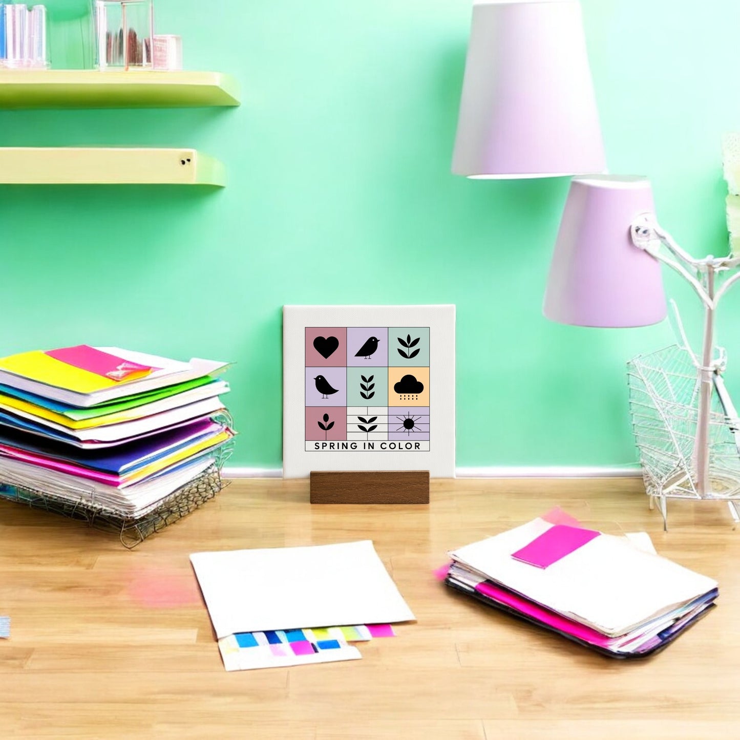 A stack of colorful folders and papers rests on a wooden floor near a green wall. The Mirabilia Boutique "Spring in Color" Mini Canvas Sign with Wood Base sits by a lavender lamp and white metal chair, adding charming spring décor.