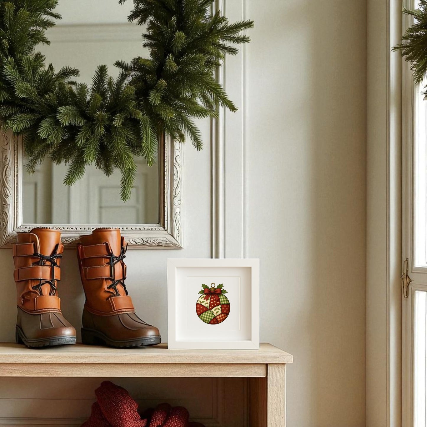 A pair of brown winter boots sits on a wooden bench beneath a mirror framed with greenery. Next to the boots is Mirabilia Boutique’s Patchwork Ornament Sign | 5x5 Christmas Shadowbox Wall Art, adding farmhouse holiday charm. A large wreath hangs above.