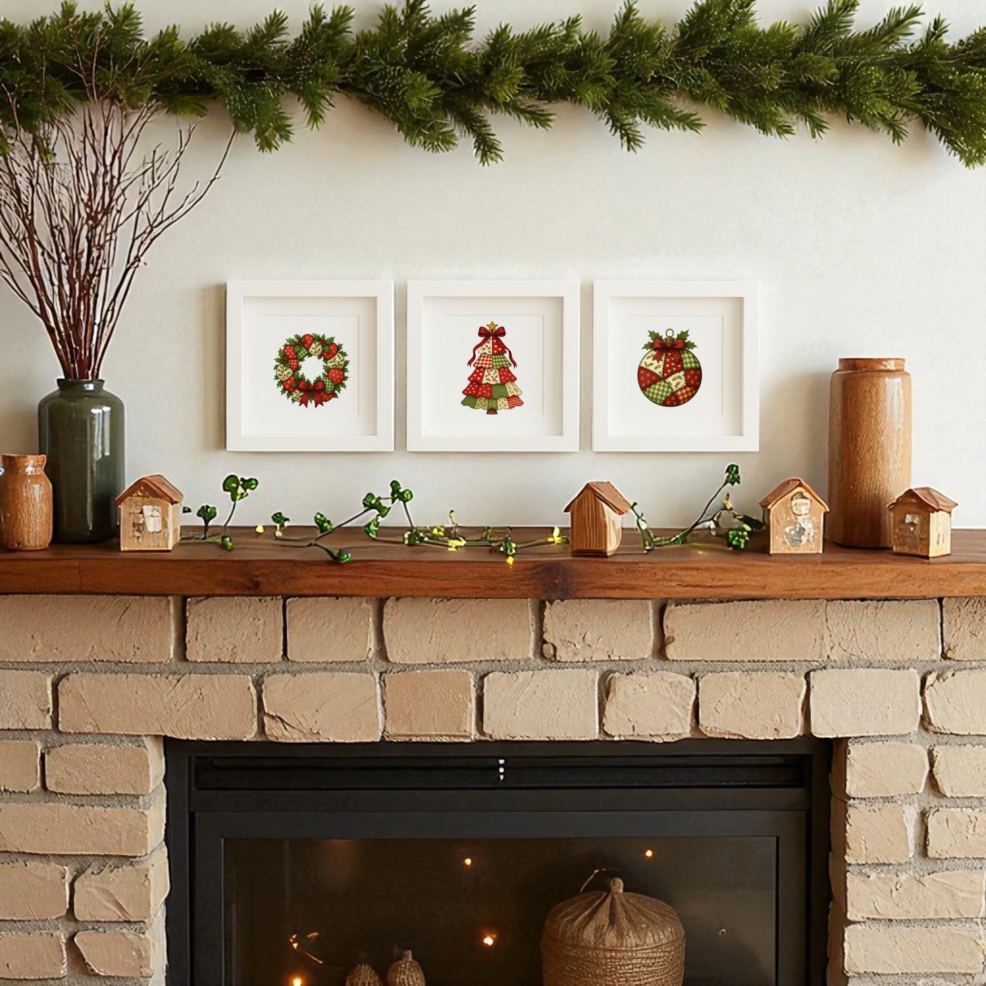 A fireplace mantel displays wooden houses, jars, lights, and greenery. Above hangs the Patchwork Christmas Wall Art Trio (5x5 shadowbox decor) by Mirabilia Boutique—wreath, bell, and stocking—for a festive touch.