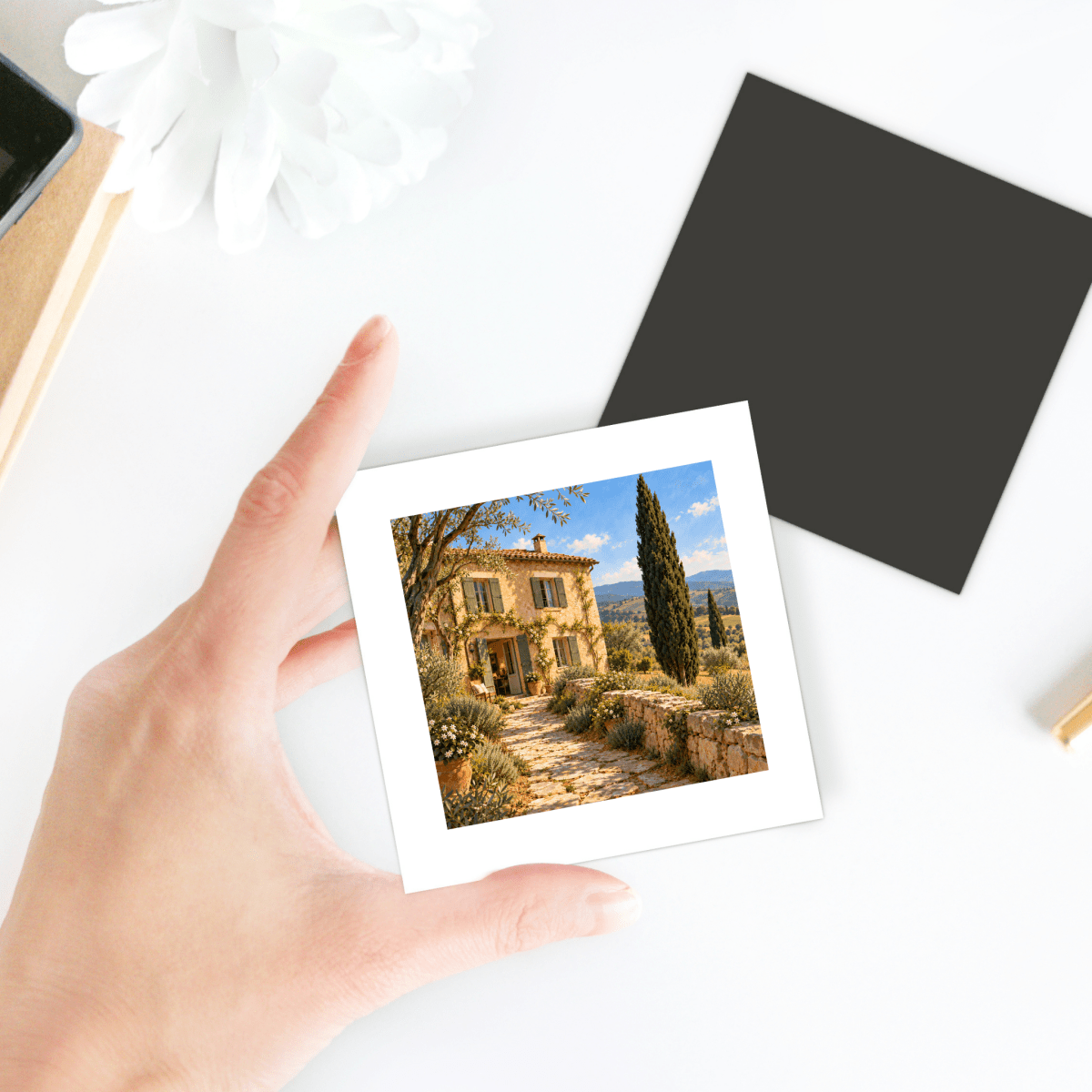 A hand holds The Path Home Tuscan Art Magnet | Ochre & Cypress, which features a painting of a stone villa surrounded by a garden and cypress trees under a blue sky.