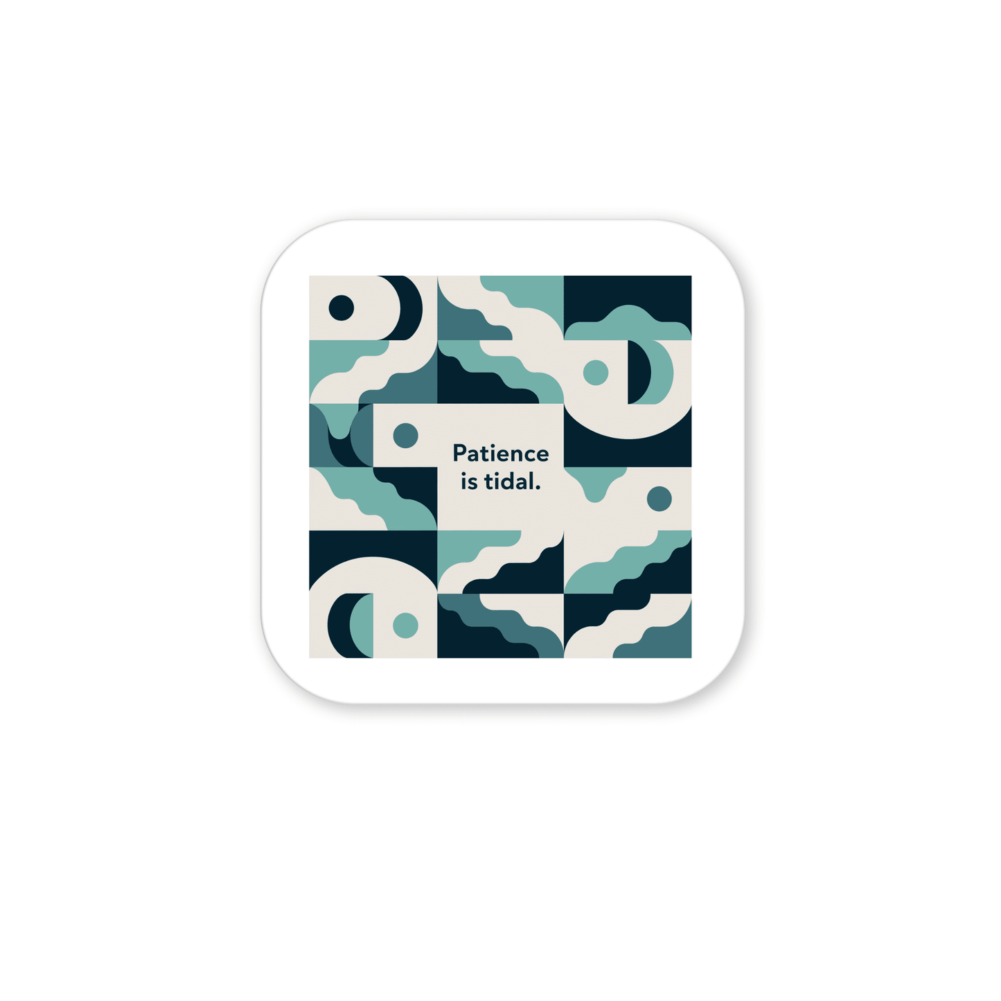 The Patience Is Tidal Magnet by Mirabilia Boutique features geometric wave and fish designs in blue, teal, and cream with the quote “Patience is tidal” at its center. This ocean-inspired magnet has rounded corners and a white background.