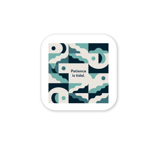 The Patience Is Tidal Magnet by Mirabilia Boutique features geometric wave and fish designs in blue, teal, and cream with the quote “Patience is tidal” at its center. This ocean-inspired magnet has rounded corners and a white background.