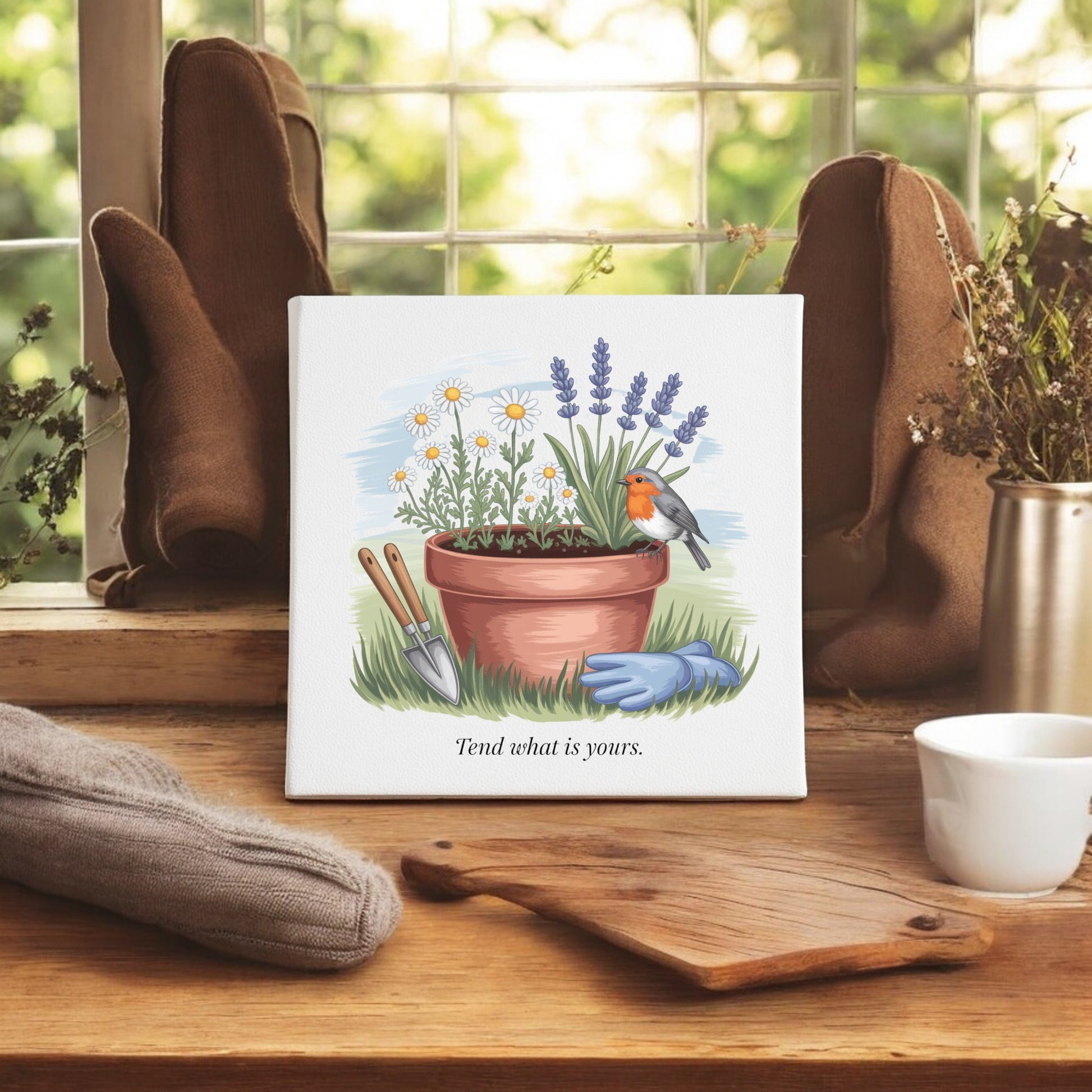 The Mirabilia Boutique "Tend What Is Yours" Canvas Sign – 8x8 Garden Art features a flowerpot, gloves, tools, and a bird—ideal mindful décor or gardener gift, displayed on a rustic table by a sunlit window.
