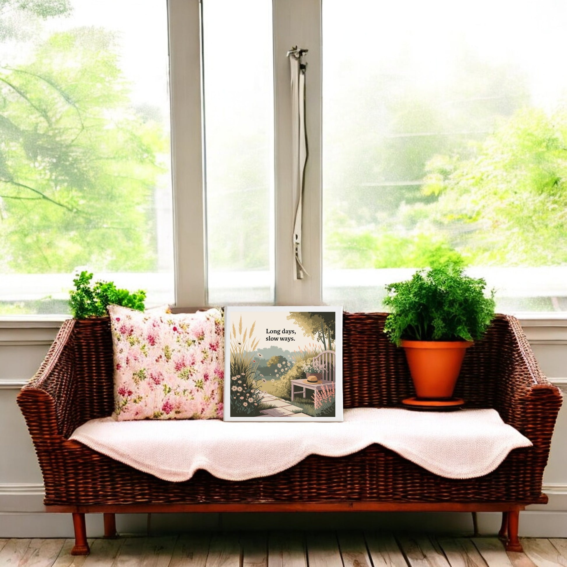 A wicker loveseat with a pink floral pillow, white blanket, calming wall decor, and Mirabilia Boutique’s "Long Days, Slow Ways Canvas – Peaceful Summer Garden Art" sits before large windows with lush green views.