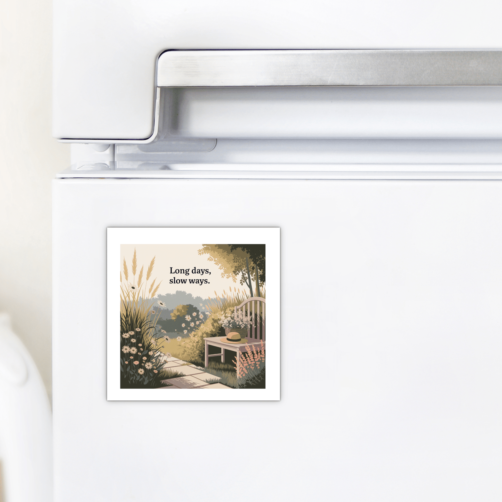 The Long Days, Slow Ways Magnet from Mirabilia Boutique displays a garden bench, hat, and flowers with a peaceful summer quote—ideal for decorating your fridge or gifting mindfulness.