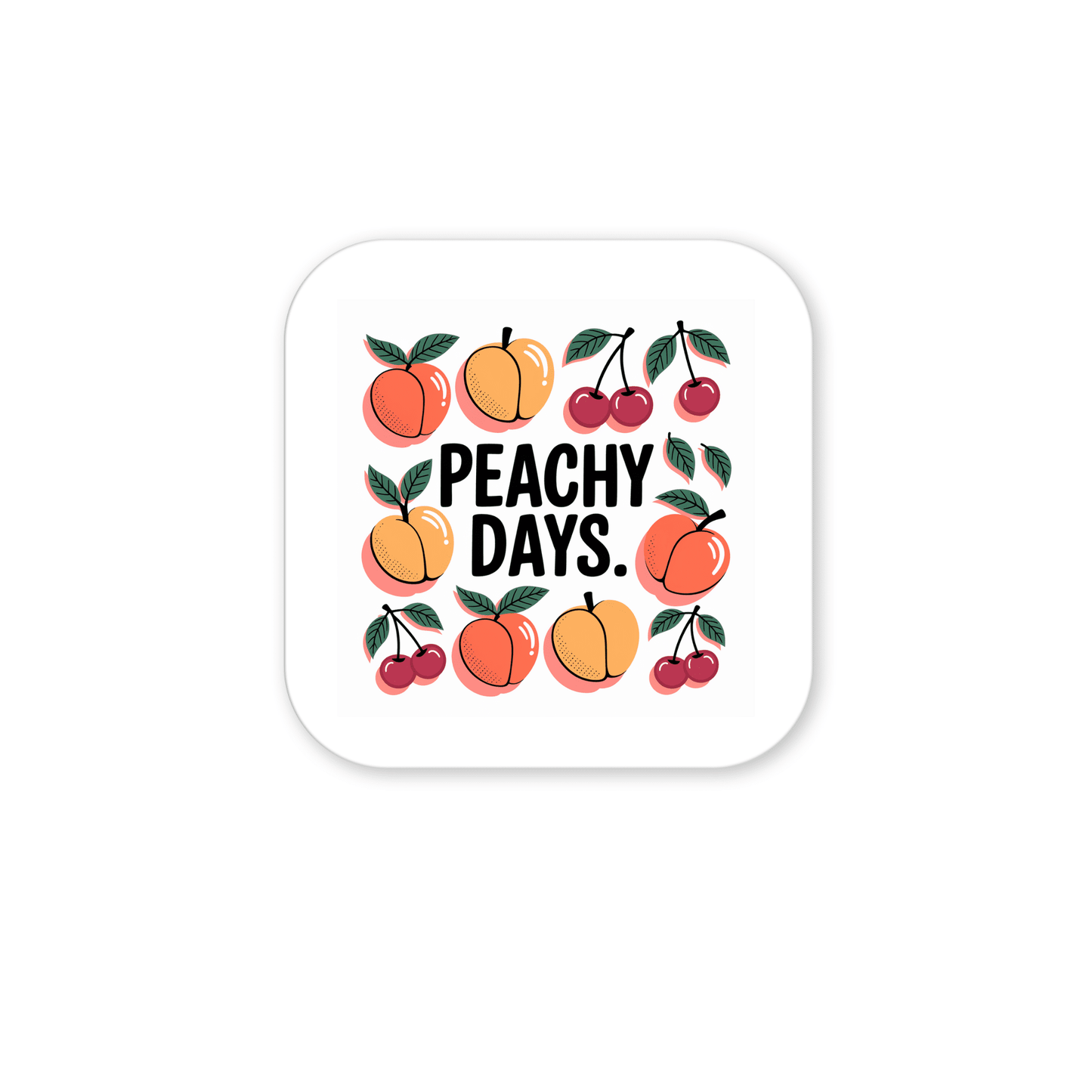 The Peachy Days Magnet by Mirabilia Boutique is a white square magnet featuring cheerful peach and cherry illustrations and bold "PEACHY DAYS" text—perfect for adding fruitful cheer to your kitchen or locker.