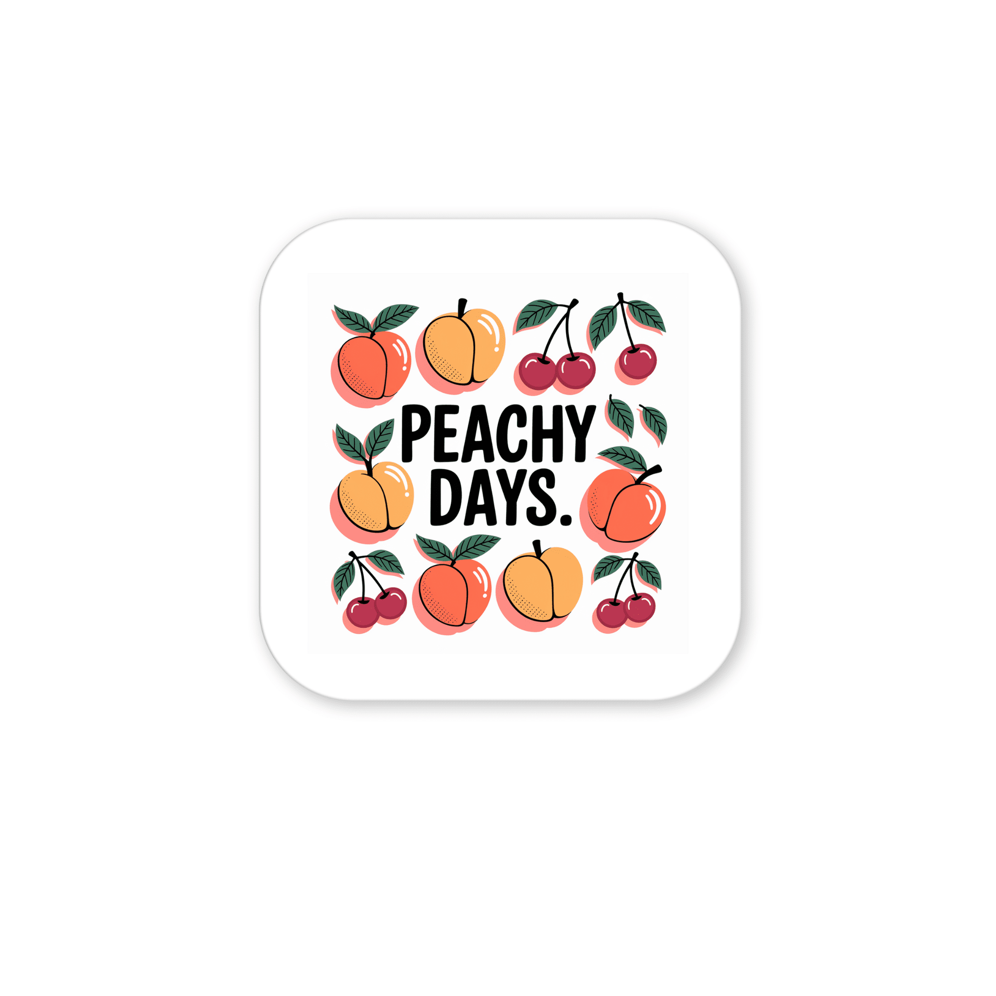The Peachy Days Magnet by Mirabilia Boutique is a white square magnet featuring cheerful peach and cherry illustrations and bold "PEACHY DAYS" text—perfect for adding fruitful cheer to your kitchen or locker.