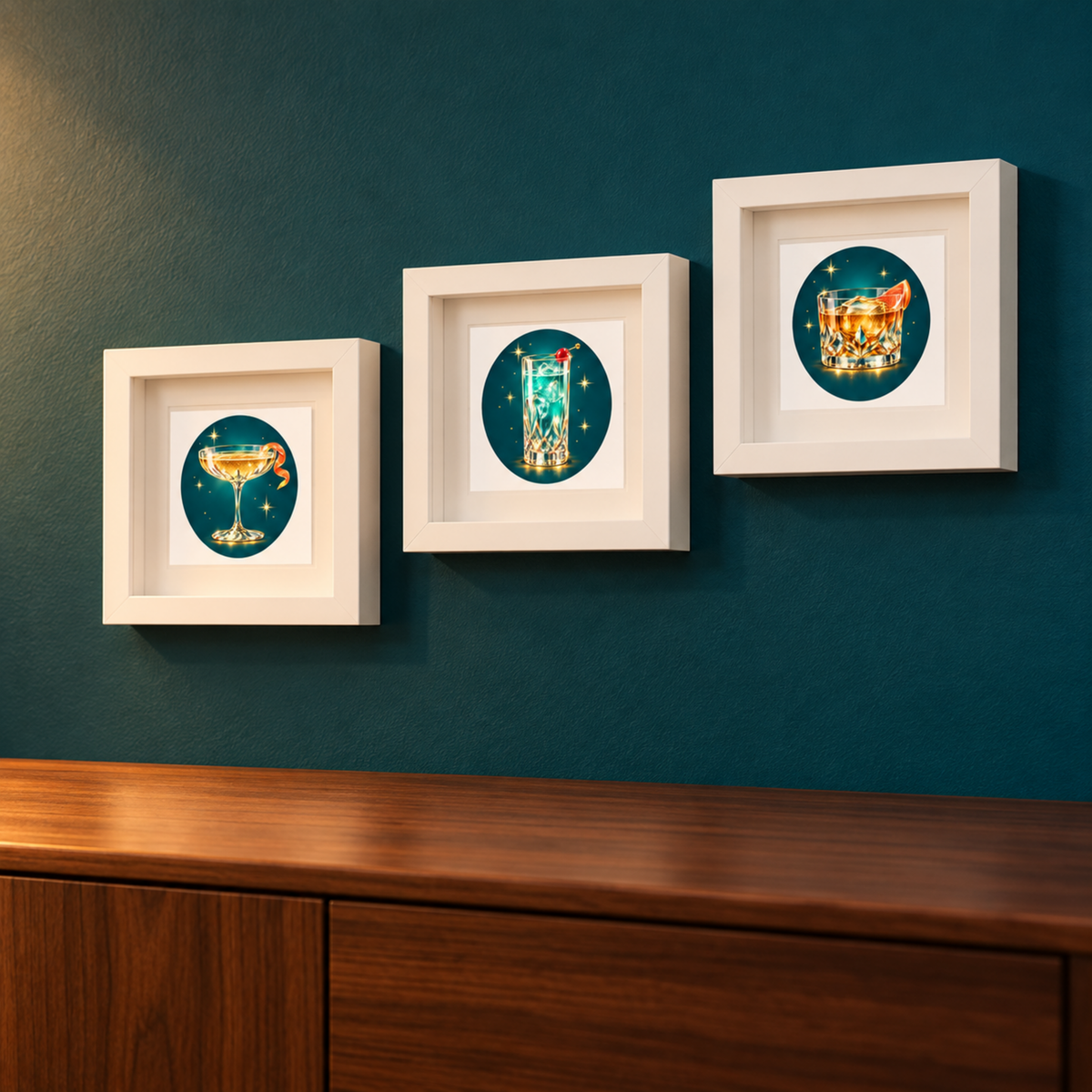 An Evening at the Stardust | Mirabilia Relics by Mirabilia Boutique features vibrant cocktail art in crisp white square frames, displayed above a wooden sideboard on a teal wall.