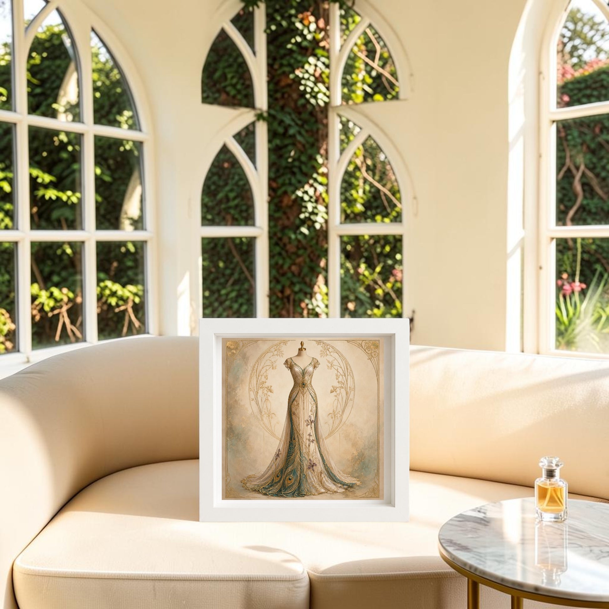The "Peacock Reverie | Curated Couture Artwork" by Mirabilia Boutique graces a beige curved sofa bathed in sunlight, set against large arched windows with lush greenery outside. Part of the Gilded Reverie collection, this sophisticated framed canvas features an elegant dress and is beautifully complemented by a small round table topped with a perfume bottle nearby.