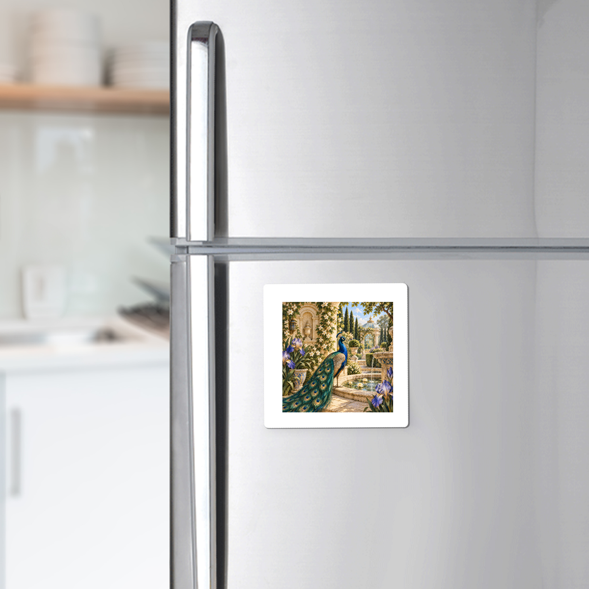 A bright, modern kitchen features a refrigerator adorned with the “Afternoon in the Peacock Garden Magnet | Gilded Reverie” from Mirabilia Boutique—a decorative square magnet showcasing a vibrant peacock garden scene. Shelves, dishes, and a countertop appear in the background.