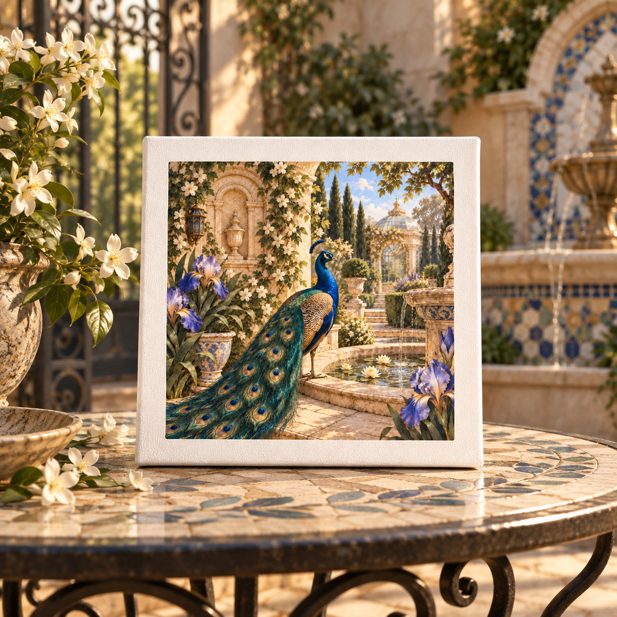 The “Afternoon in the Peacock Garden Canvas” from Mirabilia Boutique’s Gilded Reverie collection beautifully captures a vibrant peacock in a flourishing garden, artfully presented atop a mosaic table in an elegant courtyard with blooming flowers and a graceful fountain in the background—making it an ideal piece of botanical wall art.