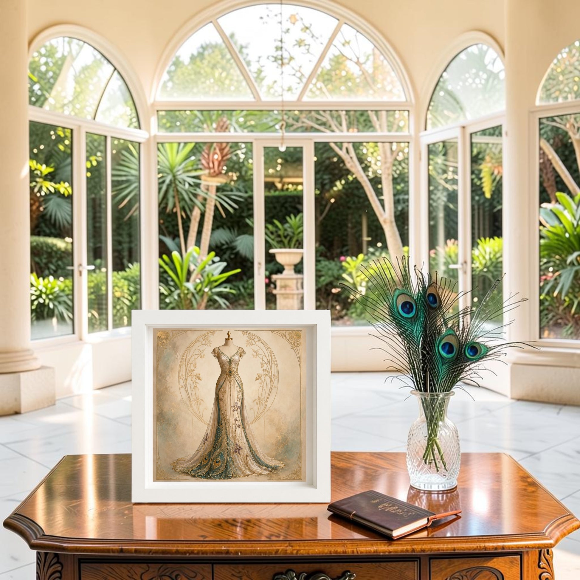 A framed canvas art piece, Peacock Reverie | Curated Couture Artwork from Mirabilia Boutique, features an ornate dress and stands on a wooden table next to a vase of peacock feathers and a closed book. Set in a bright sunroom with expansive windows overlooking the garden, this elegant display from the Gilded Reverie collection infuses the space with refined charm.