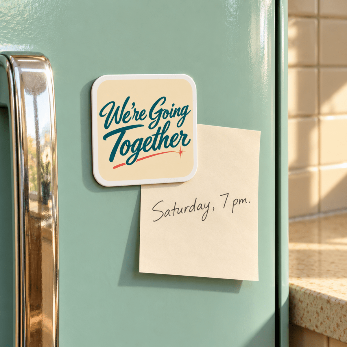 A square We’re Going Together Magnet | Chrome & Starlight held to a light green refrigerator door next to a sticky note that reads “Saturday, 7 pm.”