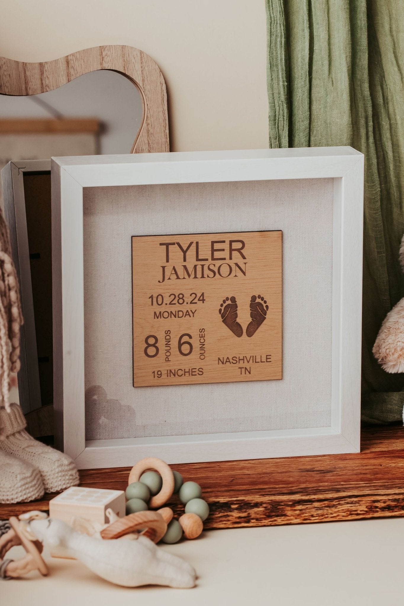 The Mirabilia Boutique Personalized Baby Birth Stats Shadowbox is a 9x9 laser engraved nursery keepsake—a charming custom newborn name sign and unique gift for any nursery.