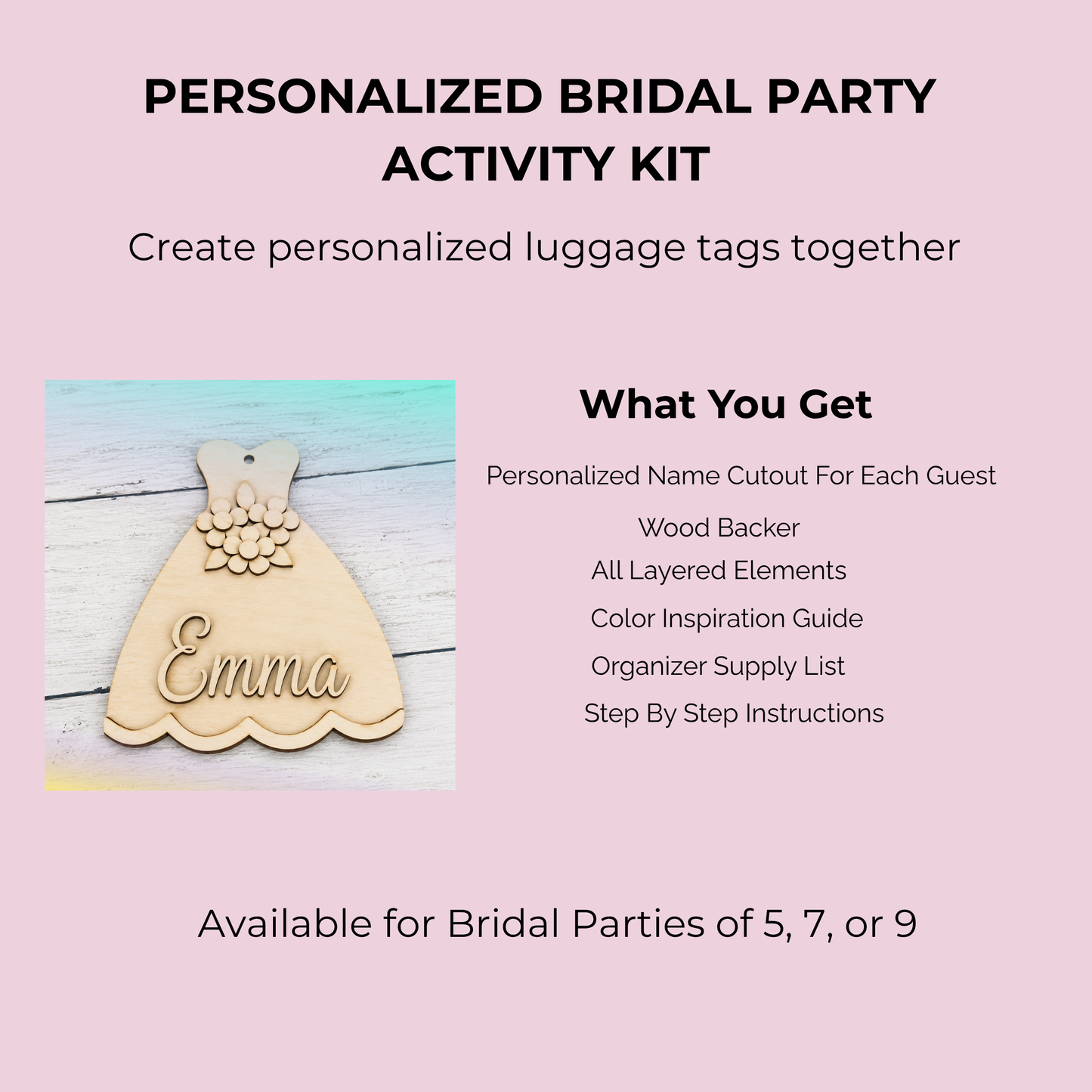 A promotional image for the Mirabilia Boutique Personalized Bridal Party Activity Kit, featuring a wooden dress-shaped luggage tag engraved with “Emma,” plus details of the kit on a light pink background.