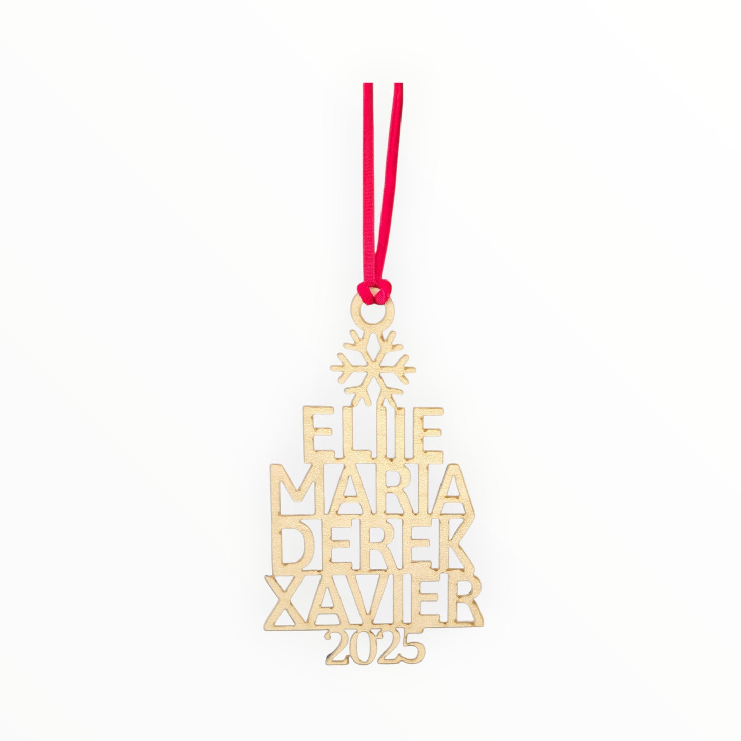 The Mirabilia Boutique Custom Family Christmas Ornament With Year features a tree with a snowflake, the names Ellie, Maria, Derek, Xavier, and 2025 on a red ribbon—a perfect personalized holiday decor keepsake.