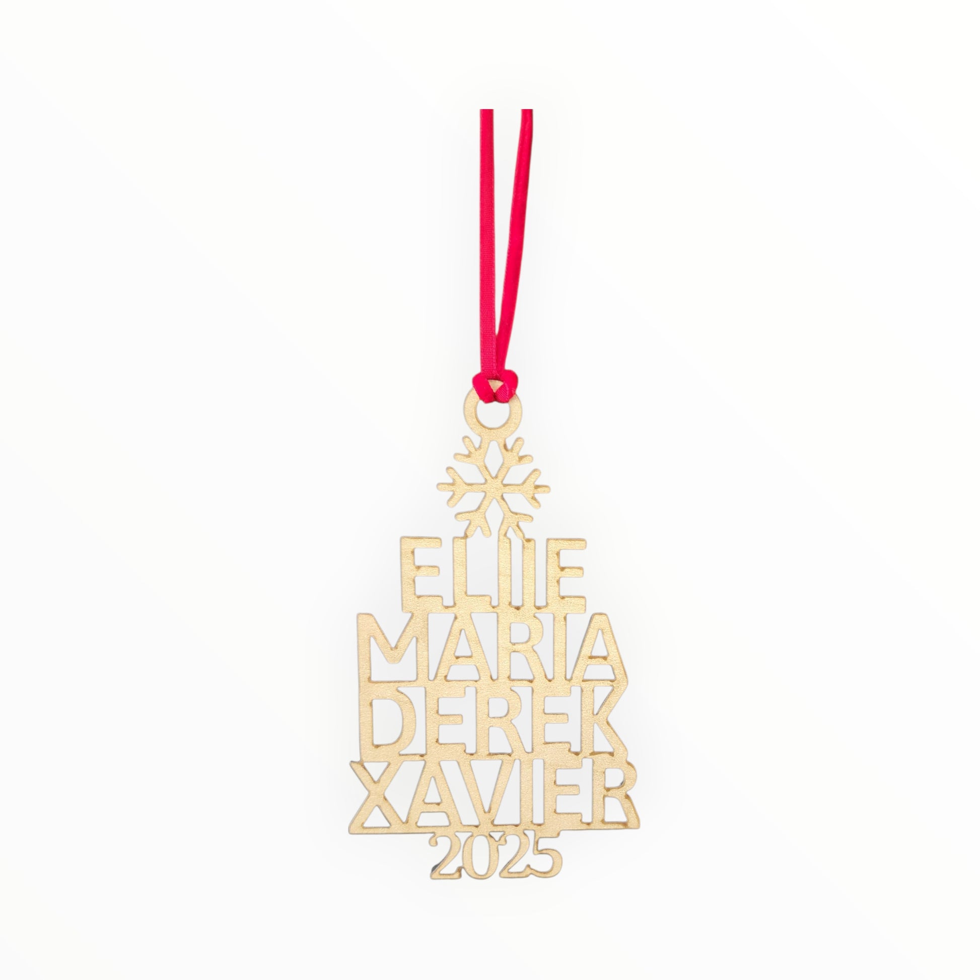 The Mirabilia Boutique Custom Family Christmas Ornament With Year features a tree with a snowflake, the names Ellie, Maria, Derek, Xavier, and 2025 on a red ribbon—a perfect personalized holiday decor keepsake.