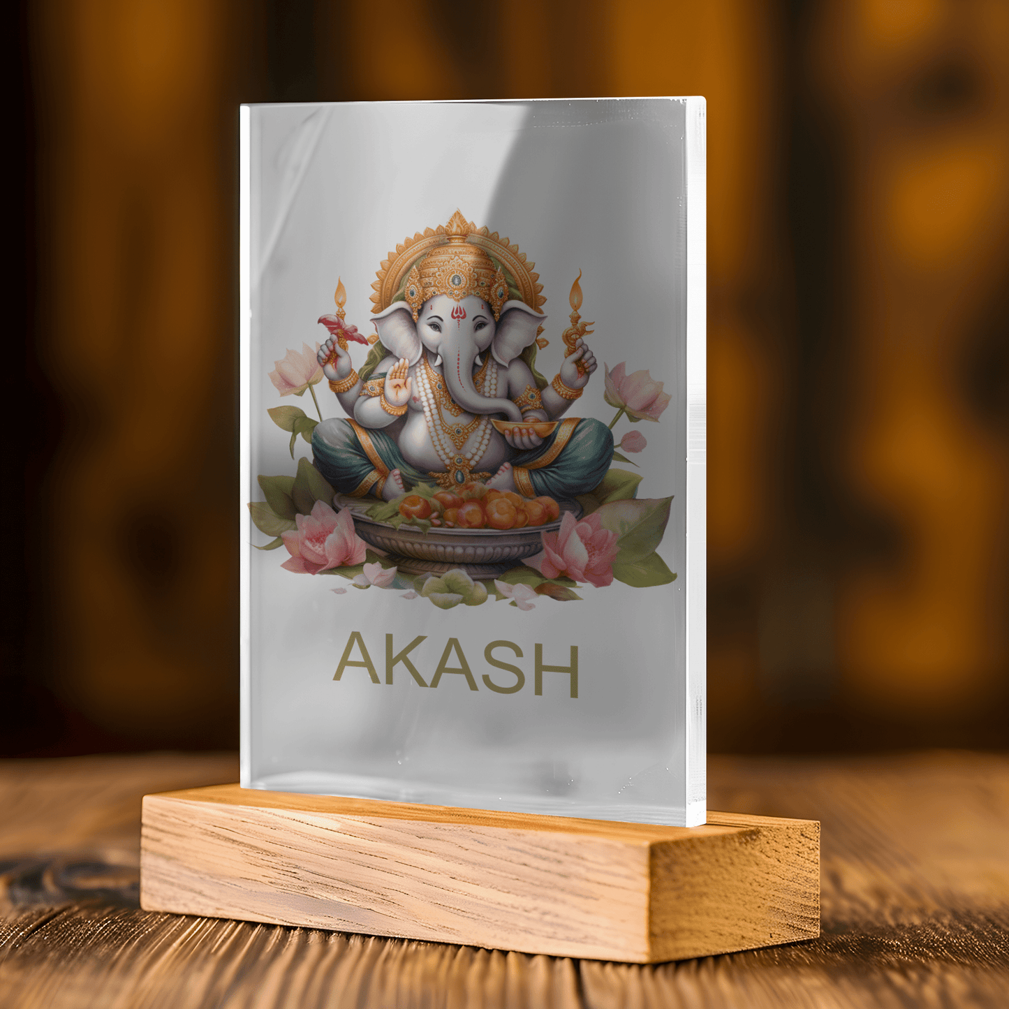 The Mirabilia Boutique Personalized Ganesh Night Light for Kids features a vibrant Ganpati image and custom name "AKASH" on a UV-printed plaque with wooden base—an ideal Diwali gift for children or spiritual families.
