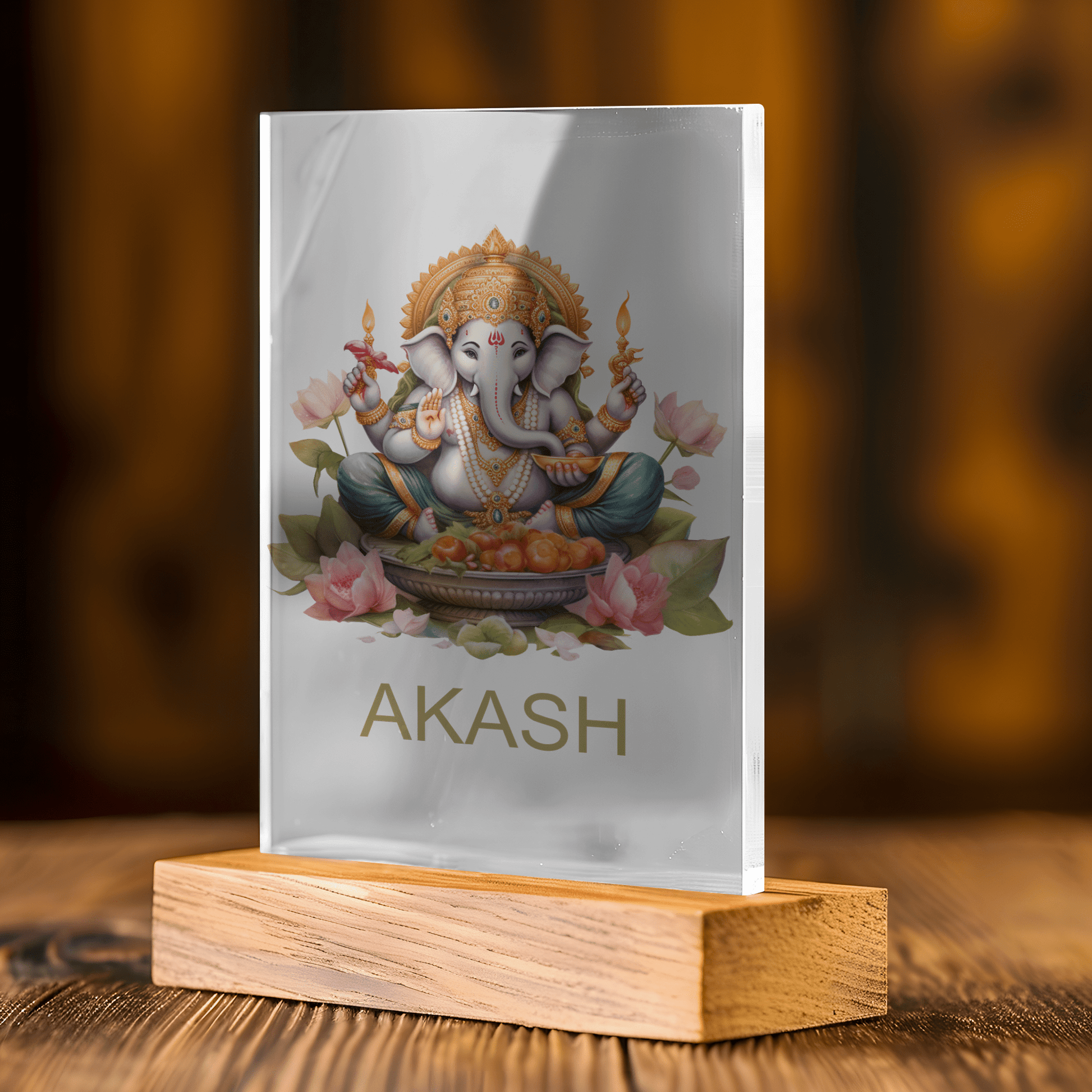 The Mirabilia Boutique Personalized Ganesh Night Light for Kids features a vibrant Ganpati image and custom name "AKASH" on a UV-printed plaque with wooden base—an ideal Diwali gift for children or spiritual families.