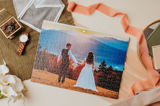 The Mirabilia Boutique Custom Wedding Jigsaw Puzzle is a 300-piece photo keepsake featuring a bride and groom holding hands outdoors, with wedding accents like rings, a watch, ribbon, and flowers on a beige background.