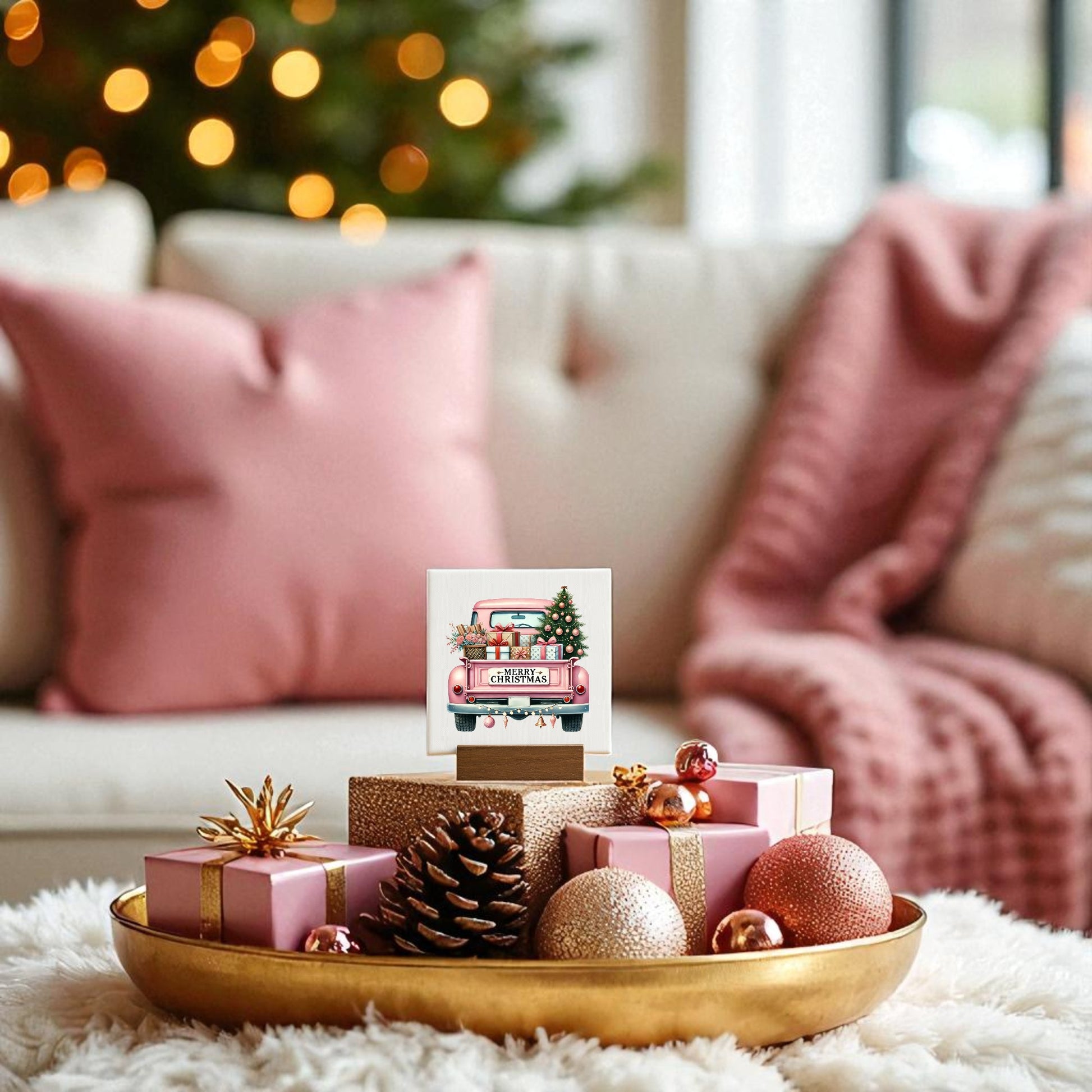 A festive living room with a pink couch, cozy blanket, and decorated Christmas tree. A golden tray displays Mirabilia Boutique's Pink Christmas Truck Mini Sign—glam holiday decor with gifts and tree—plus pink and gold ornaments and pinecones.
