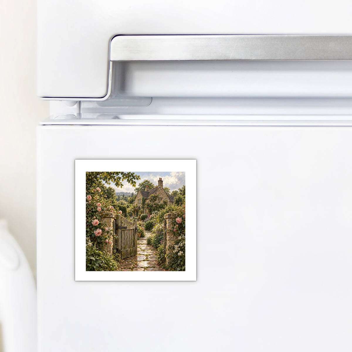 Beyond the Garden Gate Magnet featuring a square decorative art print of an English cottage seen through an open wooden garden gate surrounded by climbing roses.
